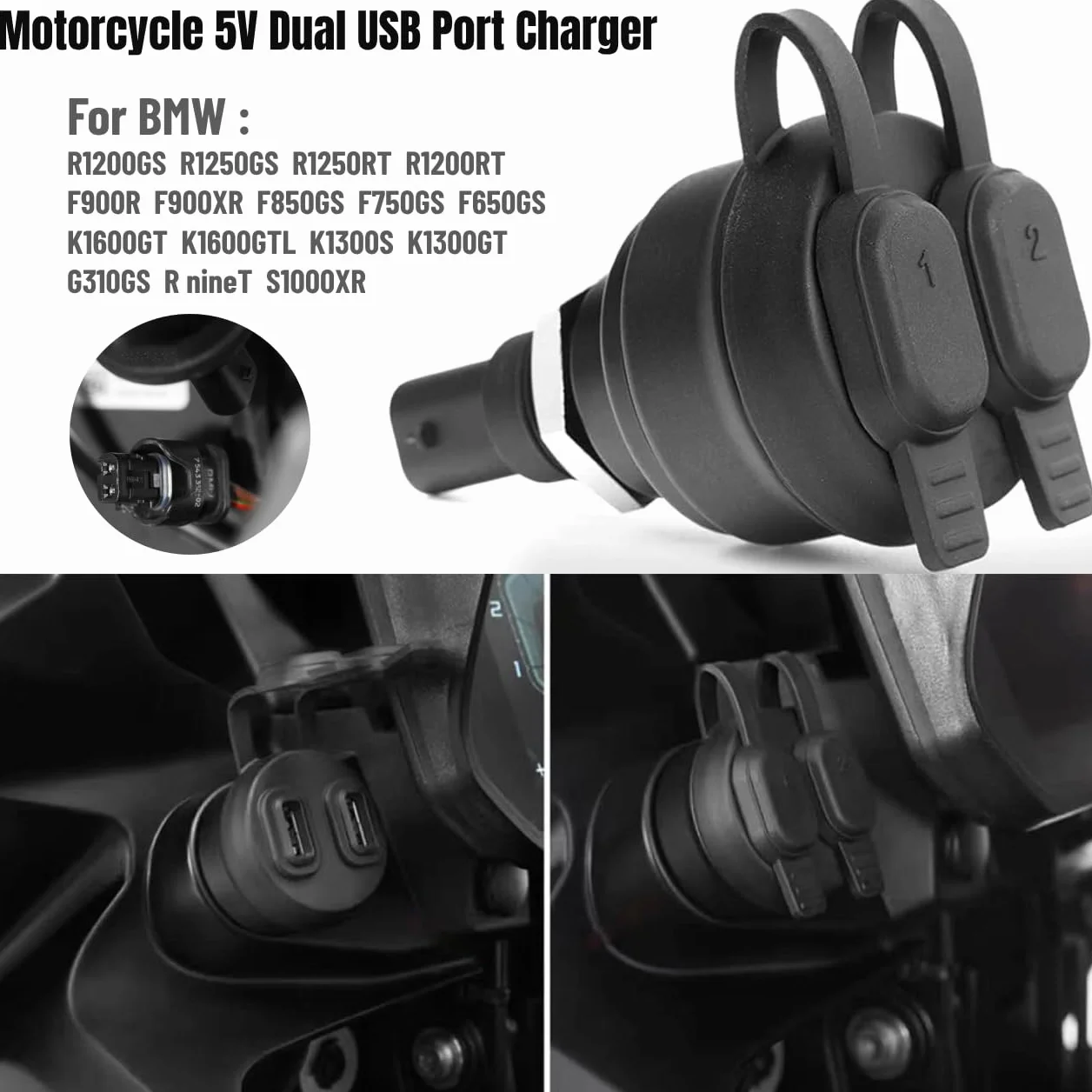 5V Adapter Ładowarki Motocyklowej USB Dwuportowy dla BMW R1200GS, R1250GS, R1250RT, R1200RT, R NineT, K1600GT, K1600GTL, K1300S, K1300GT, G310GS, F900R, F900XR, F850GS, F750, F650