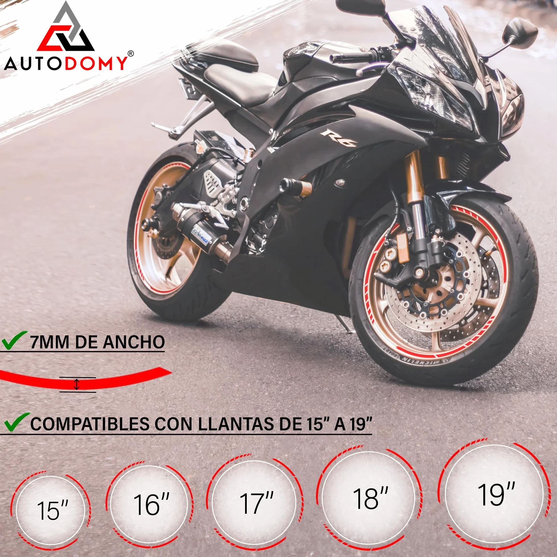 Naklejki na Felgi Motocyklowe Zestaw Pełny 15"-19" Czerwone Sportowe Odporne na Deszcz Słońce Tłuszcz Olej