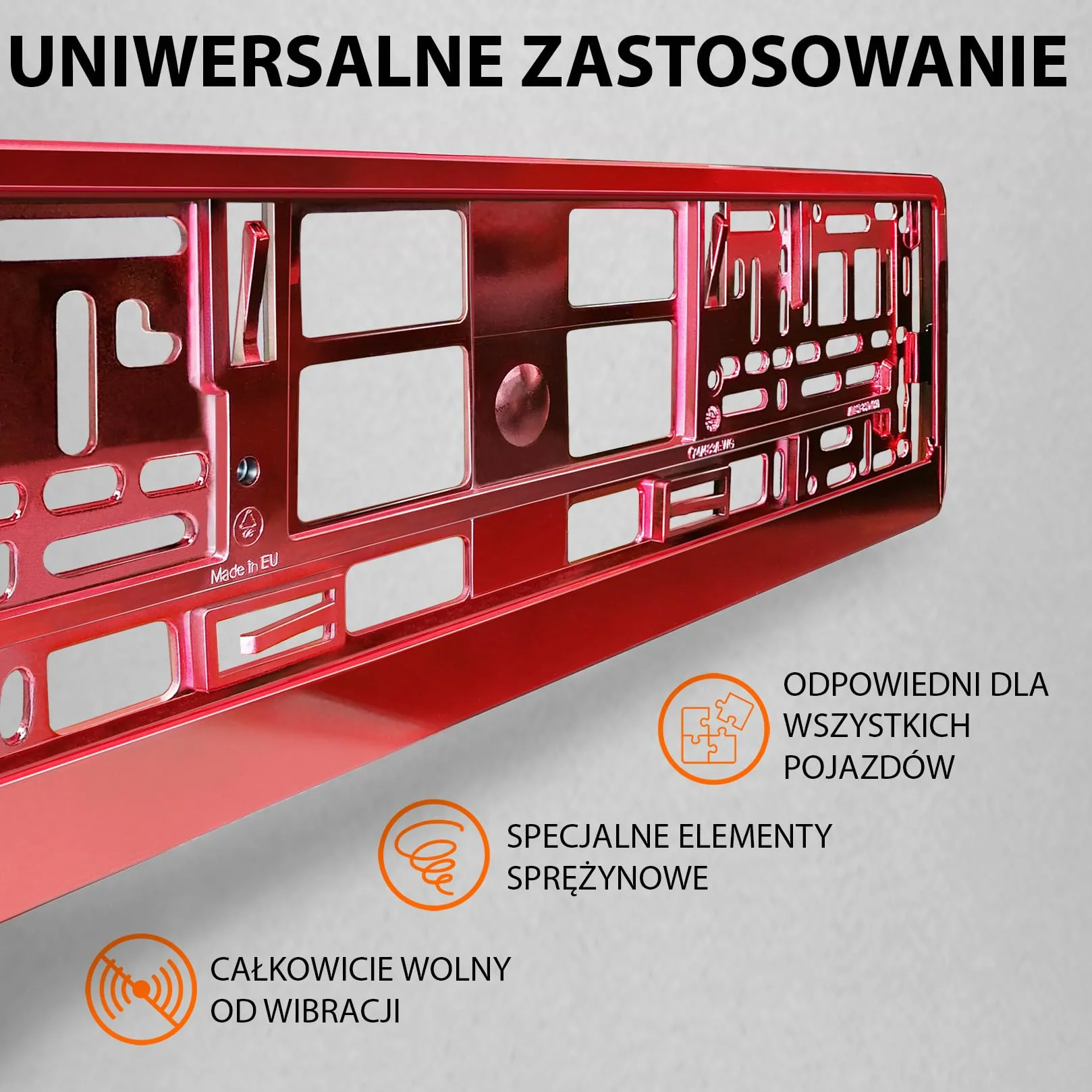 Uchwyt tablicy rejestracyjnej 520x110 mm czerwony chrom 8 śrub Ramka do tablic rejestracyjnych