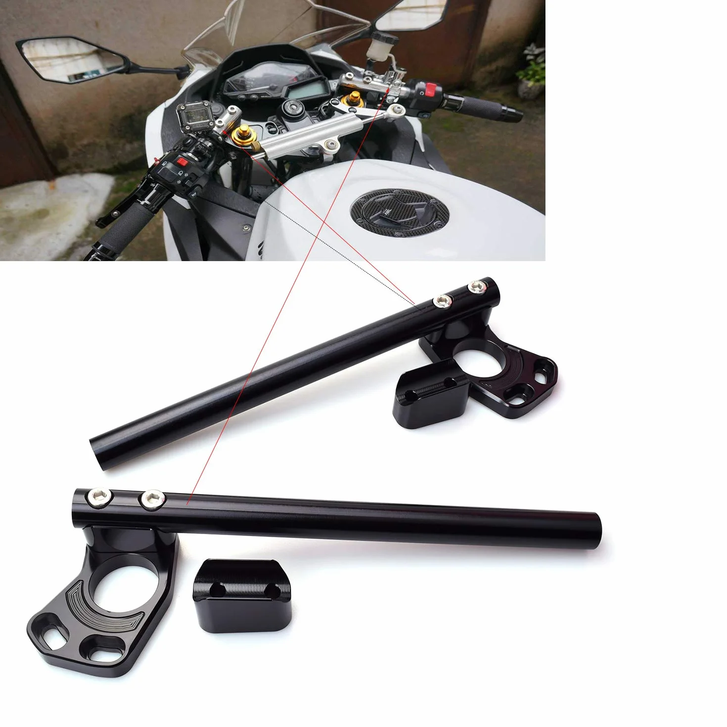 CNC aluminiowa kierownica do motocykli 37 mm pasuje do Ninja 250 2008-2012 Ninja 300 EX300 2013-2018 rura nośna Ø 37 mm Kierownica wyciszająca 22 mm rura uchwyt kolor czarny