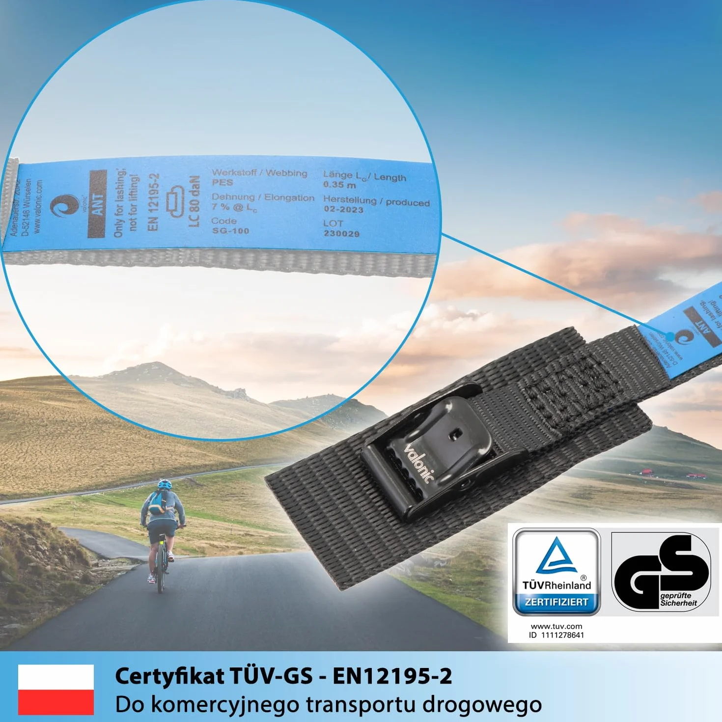valonic ANT - 4x 35cm krótkie pasy mocujące, z podkładką, 80Kg, 19mm, certyfikat TÜV Rheinl. / GS, EN-12195-2 - do bagażnika rowerowego, pas mocujący z zamkiem zaciskowym, czarny - box dachowy, rower