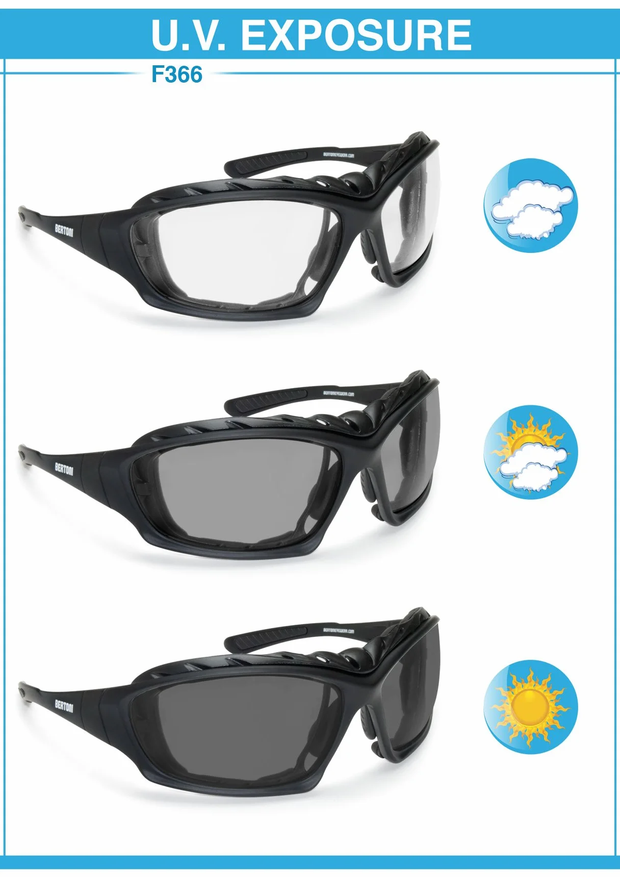 BERTONI Okulary motocyklowe fotochromowe ze zdejmowanym klipsem do soczewek optycznych - regulowany nosek - gogle motocyklowe 366