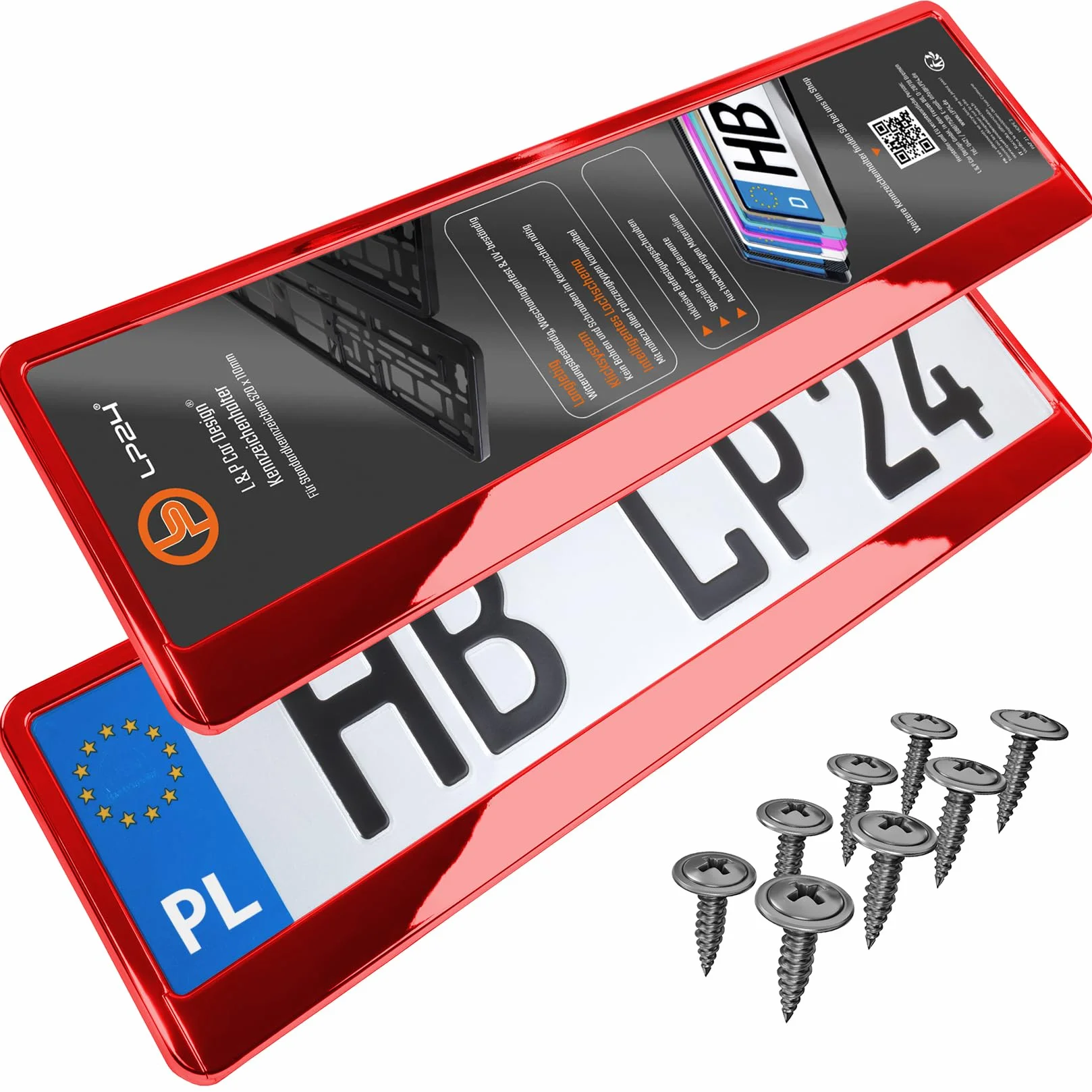Uchwyt tablicy rejestracyjnej 520x110 mm czerwony chrom 8 śrub Ramka do tablic rejestracyjnych