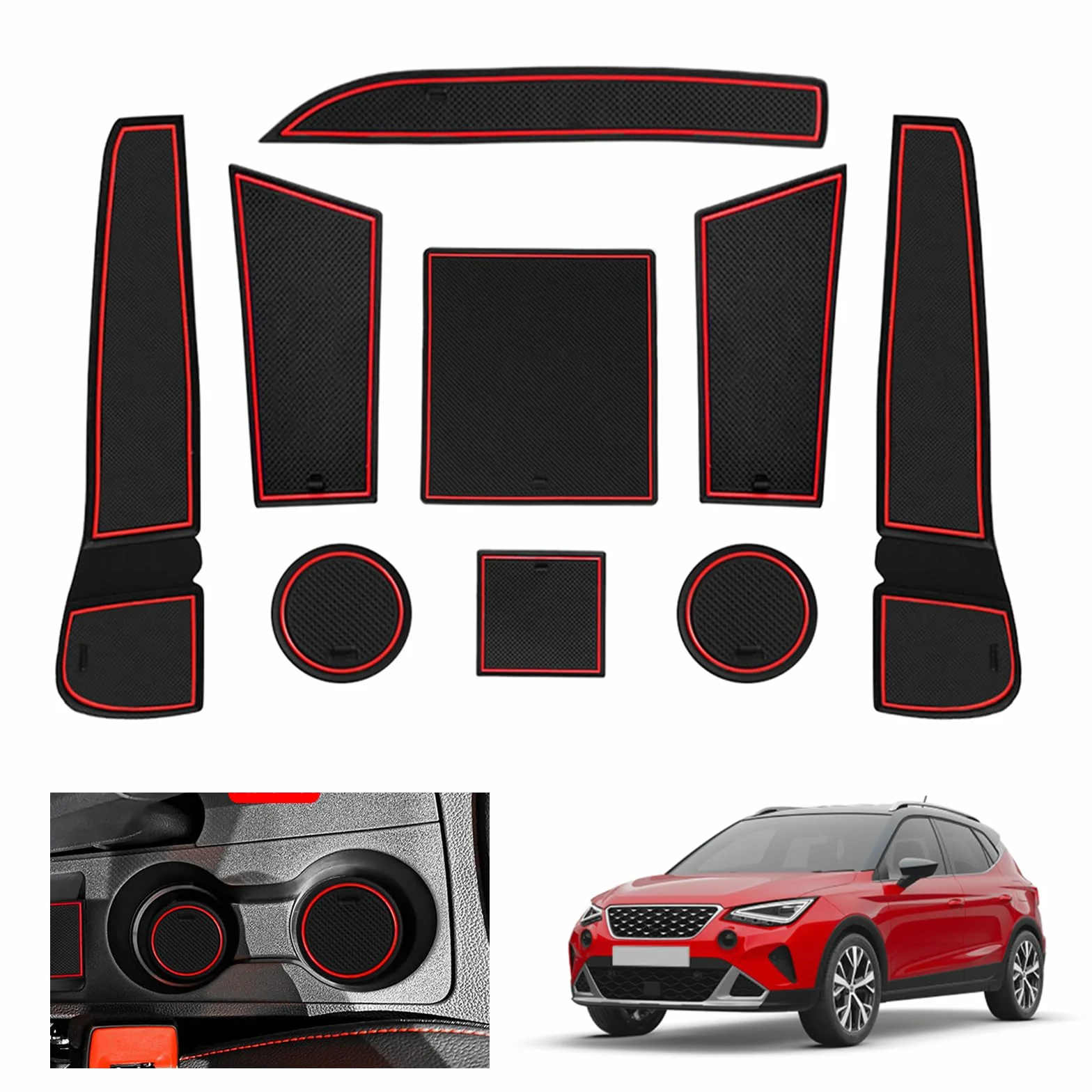 GAFAT Seat Arona/Seat Ibiza 6F KJ1 Facelift 2017-2024 2025 antypoślizgowe maty podłogowe, Seat Ibiza 6F 2023 gumowe maty do konsoli środkowej, szycie drzwi, akcesoria Seat Arona (czerwony)