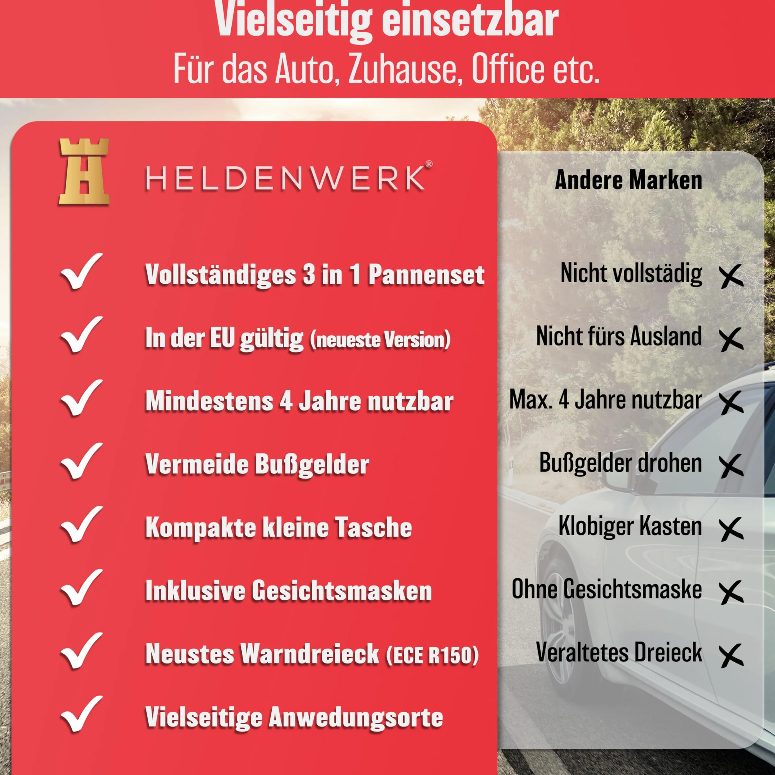 HELDENWERK Zestaw pierwszej pomocy 3 w 1 do samochodu, torba z kamizelką ostrzegawczą, trójkątem i apteczką