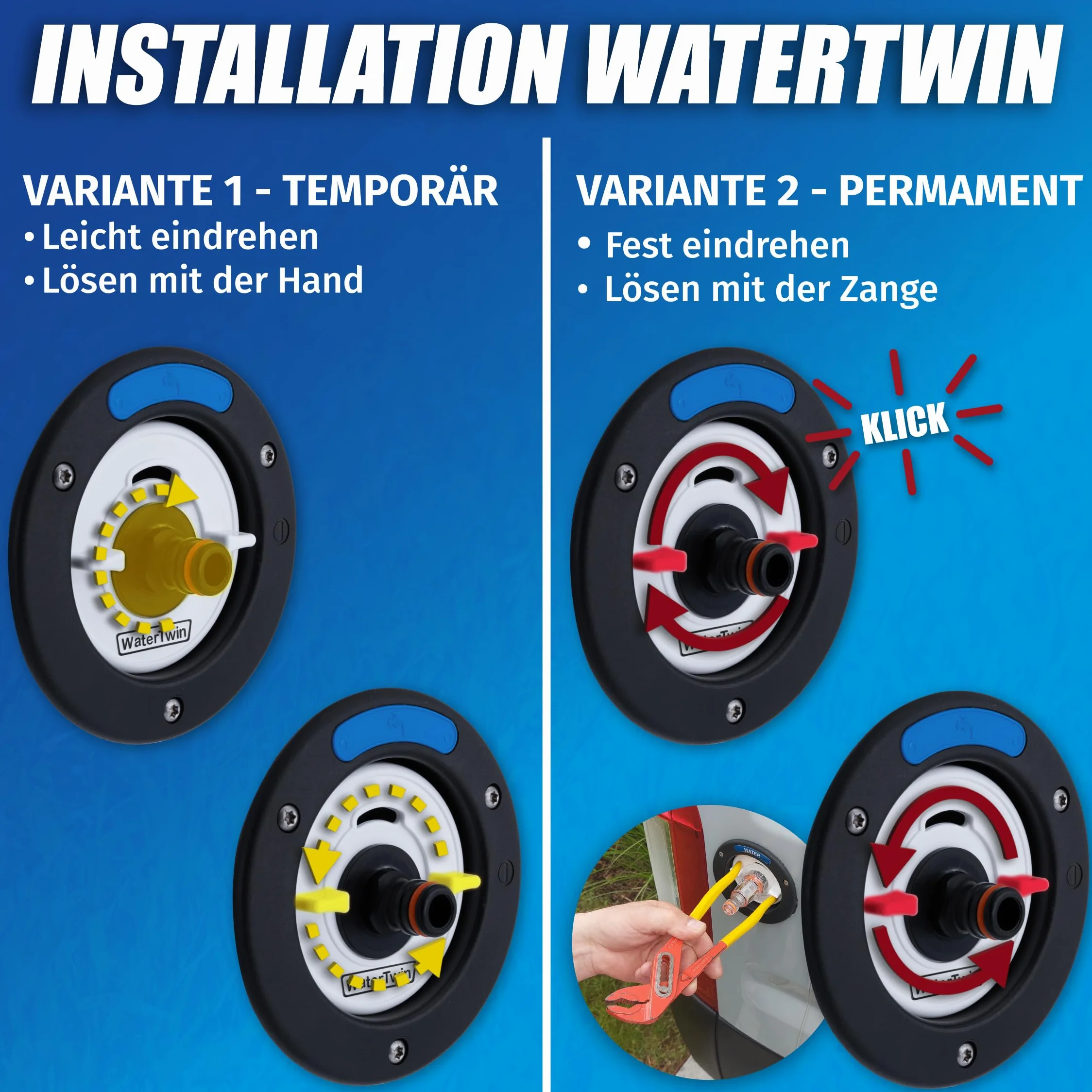 MaJoCompTec WATERTWIN Pokrywa wlewu paliwa z przyłączem wody, przyłącze do króćca wlewu wody, akcesoria do przyczep kempingowych wersja PRO + filtr + zawór adapter 3-pinowy D:78