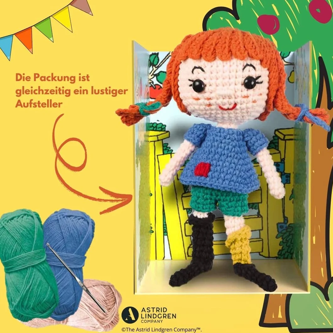 Pippi Langstrumpf - Das offizielle Häkelset zum 80. Geburtstag: Anleitung, Misch-Garn in 9 Farben, Füllwatte, Häkelnadel 3,0 mm, Sicherheitsaugen, Draht, Aufsteller