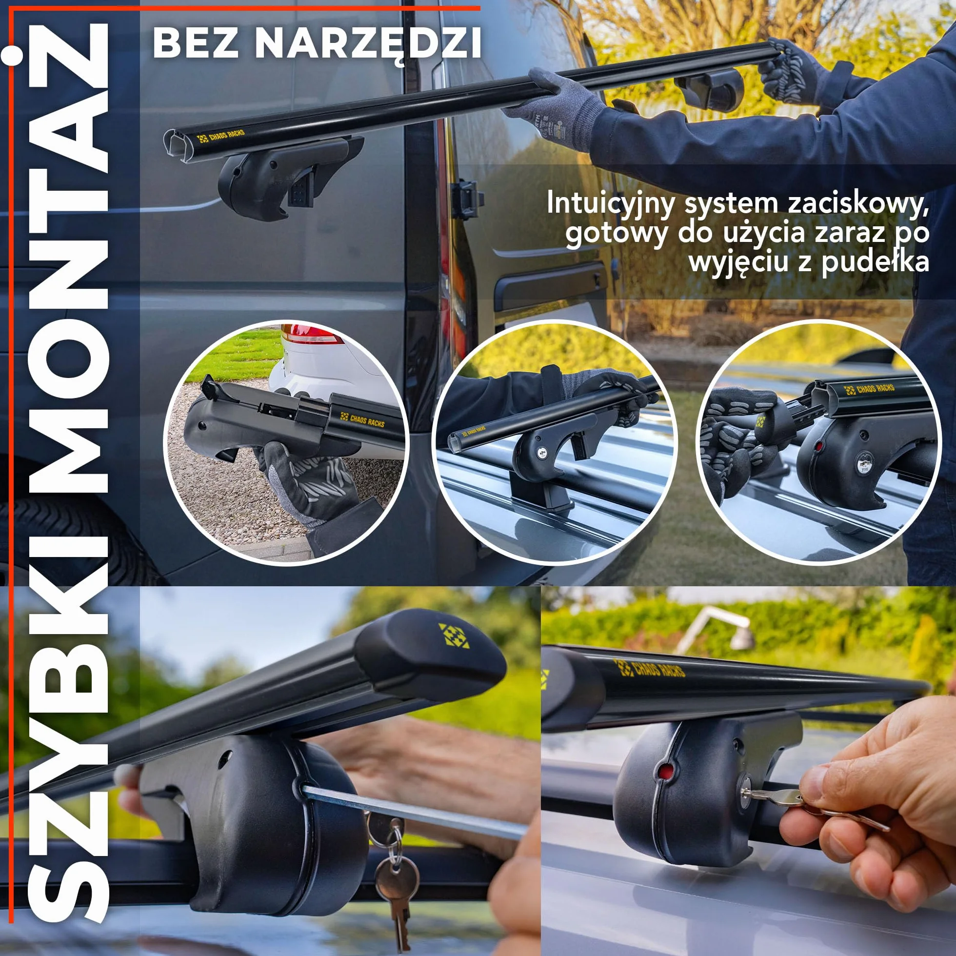 CHAOS RACKS | Uniwersalny Bagażnik Dachowy do Relingów Otwartych; Belki Dachowe; Bezpiecznie Przewieź Boks Dachowy, Bagażnik Rowerowy, Drabinę; Lekka i Wytrzymała Konstrukcja z Aluminium; 120 cm