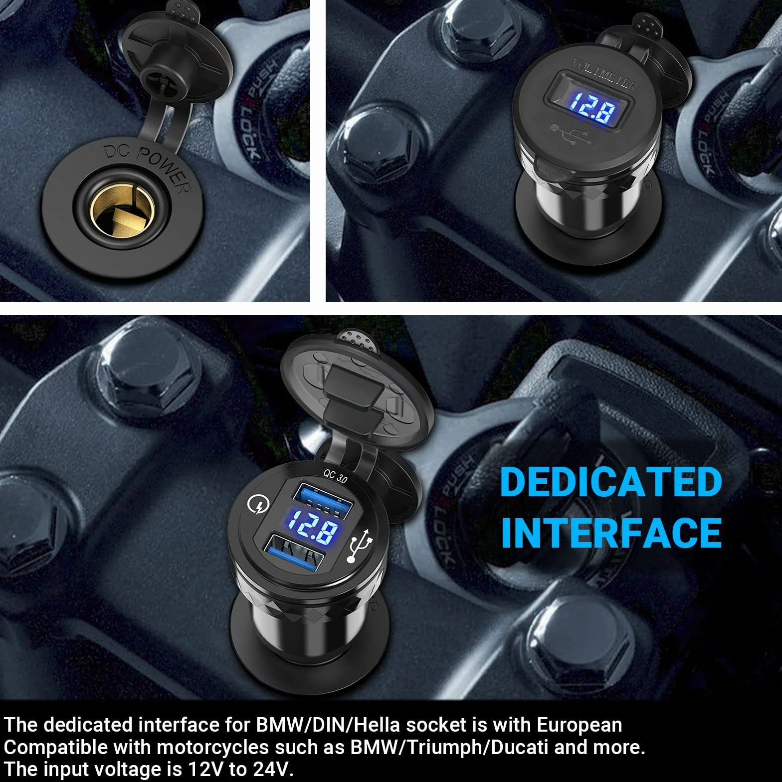 Aluminiowa wtyczka motocyklowa DIN Hella Dual QC3.0 USB Ładowarka LED Voltmeter 12V/24V BMW Ducati