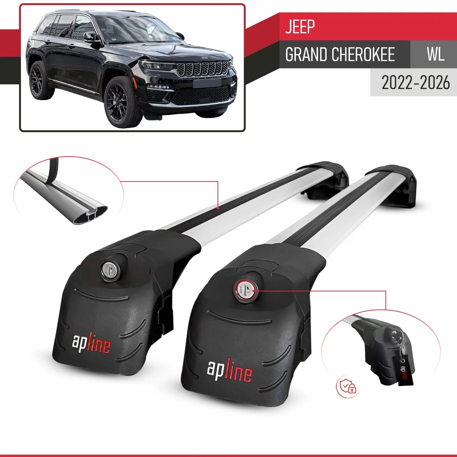 Kompatybilny z Jeep Grand Cherokee (WL) 2022-2026 ACE-2 Model Aluminiowy bagażnik dachowy 2 poprzeczki, szary