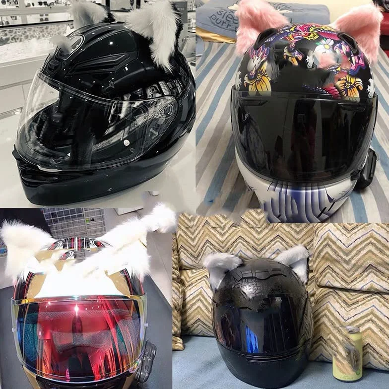 Dekoracja na kask motocyklowy, 2 sztuki, uszy na kask motocyklowy + ogon, dekoracja słodkiego pluszu w kształcie kociego ucha, dekoracja, naklejka na kask motocyklowy