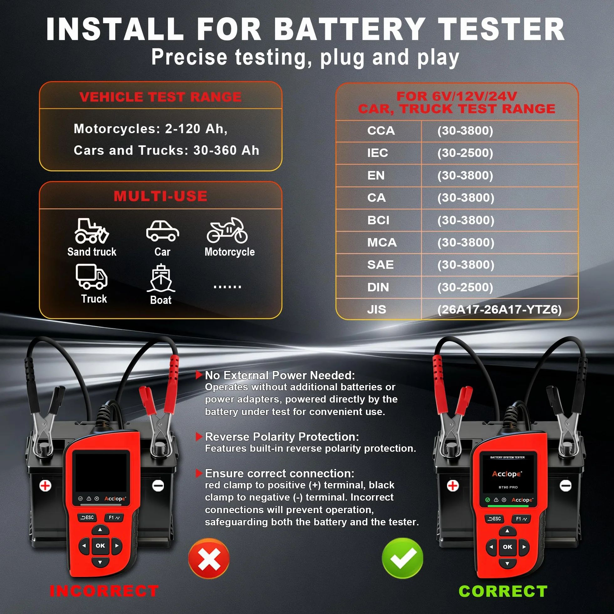 BT90 PRO tester baterii, 6 V/12 V/24 V, do AGM/EFB/GEL/LiFePO4, 2-360 Ah, 30-3800 CCA, z nadrukiem w chmurze, test systemu start-stop, czarny, SAE/EN/IEC/CA/MCA, SOH/SOC/napięcie/rezystancja