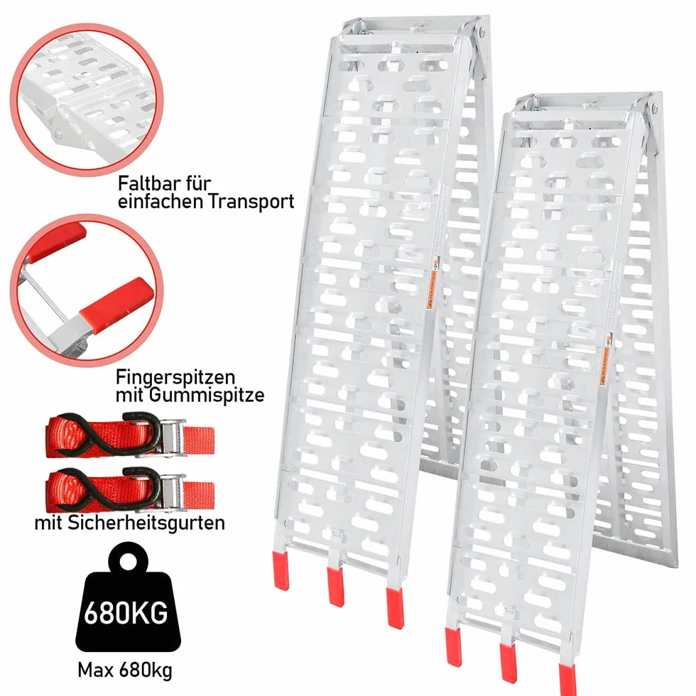Ikodm 2 x aluminiowa rampa najazdowa, składana, aluminiowa, nośność do 680 kg, szyna załadunkowa, antypoślizgowa, składana, do motocykli, ATV, quadów, samochodów osobowych, srebrna