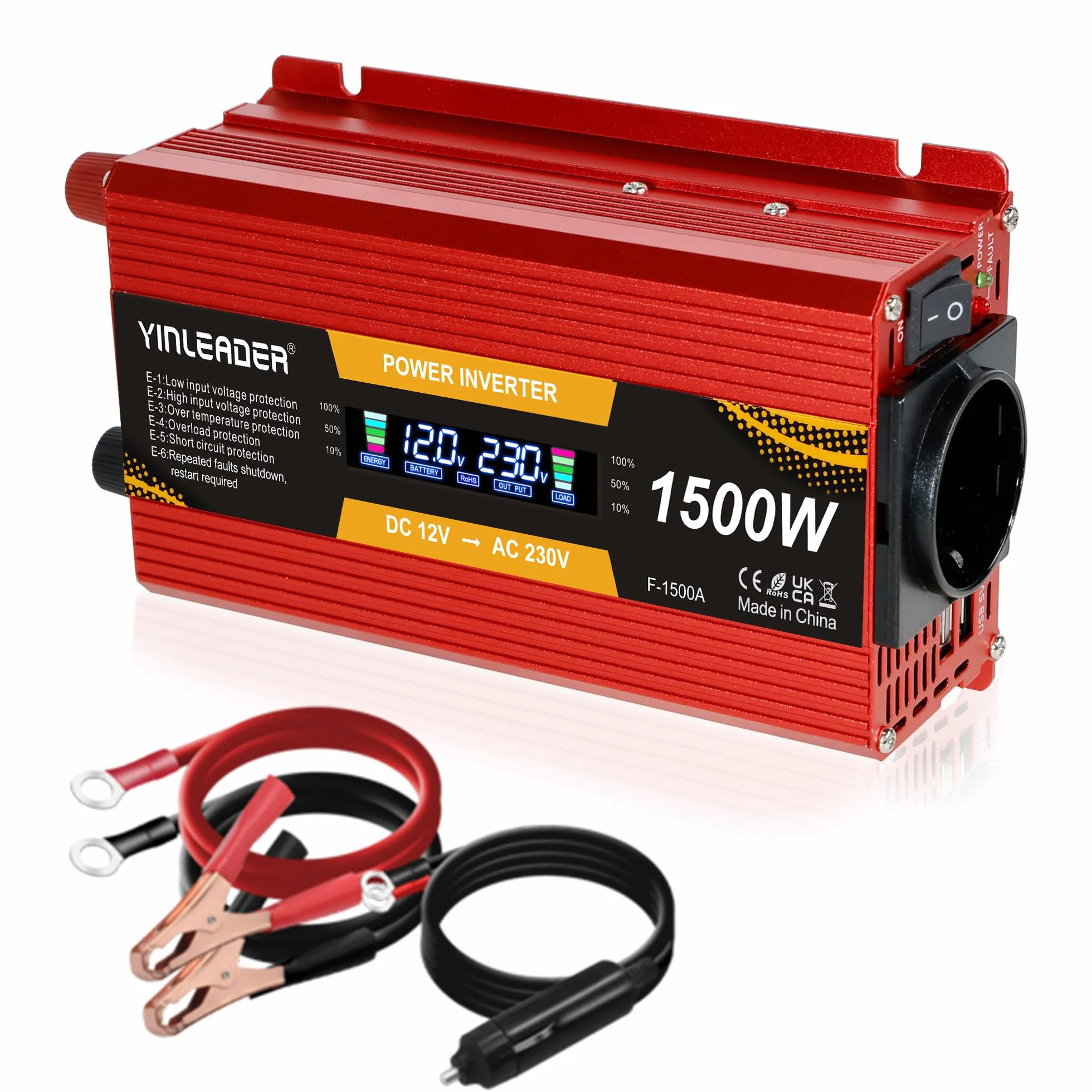 Przetwornica napięcia 1500W 12V 230V falownik z dużym wyświetlaczem