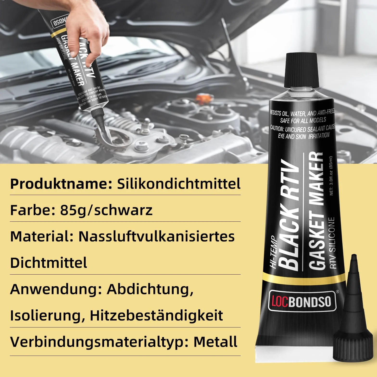 LOCBONDSO Silikon Czarny, Wysokotemperaturowy Silikonowy Uszczelniacz Silnika(RTV, 85 g)