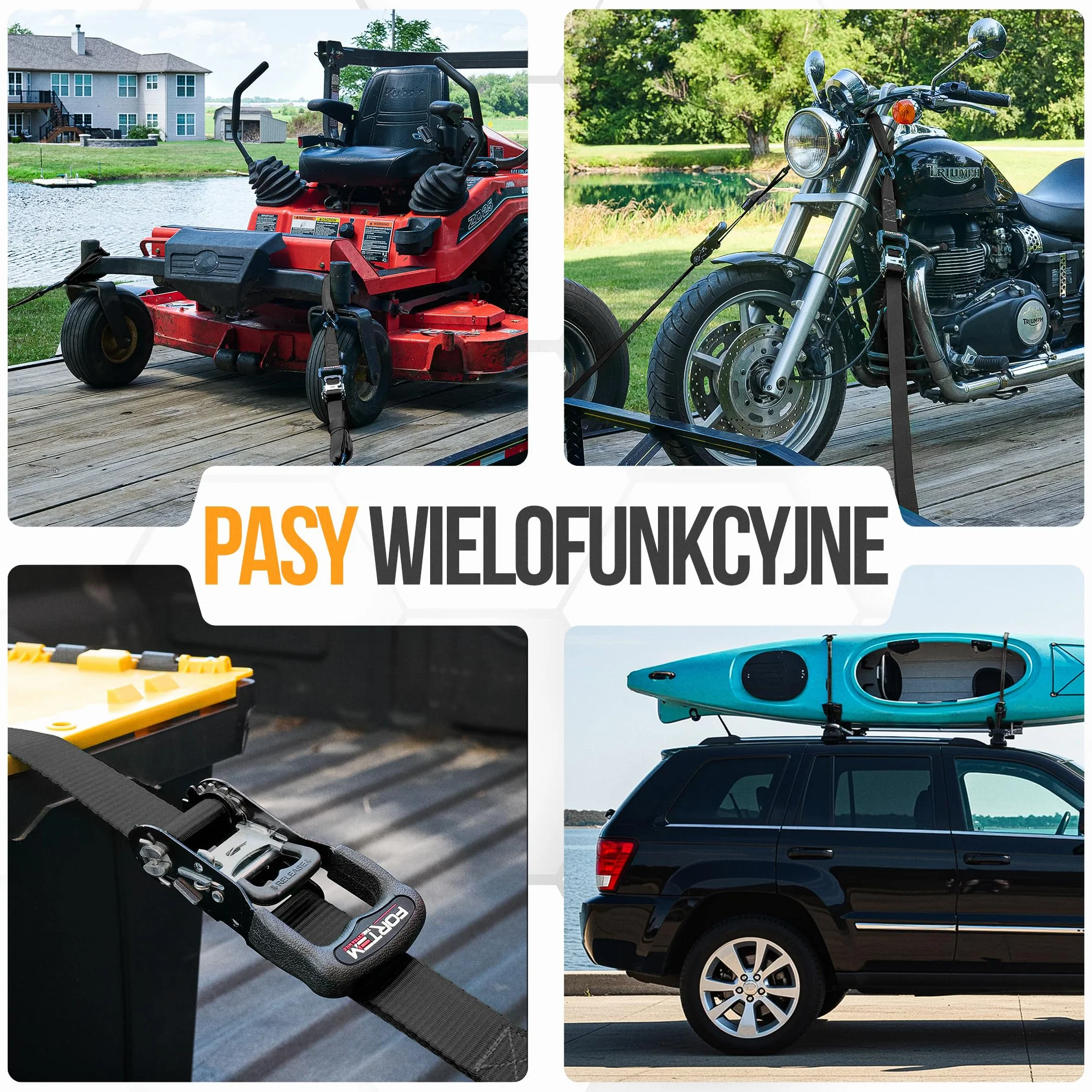 FORTEM Pas Transportowy, Pas Mocujący 2362 kg, Pas Transportowy z Napinaczem 304.8 cm, Pas Zabezpieczający Zestaw 4, Pas Transportowy z Klamrą, Gumowe Uchwyty, Powlekane Metalowe Haki, Futerał