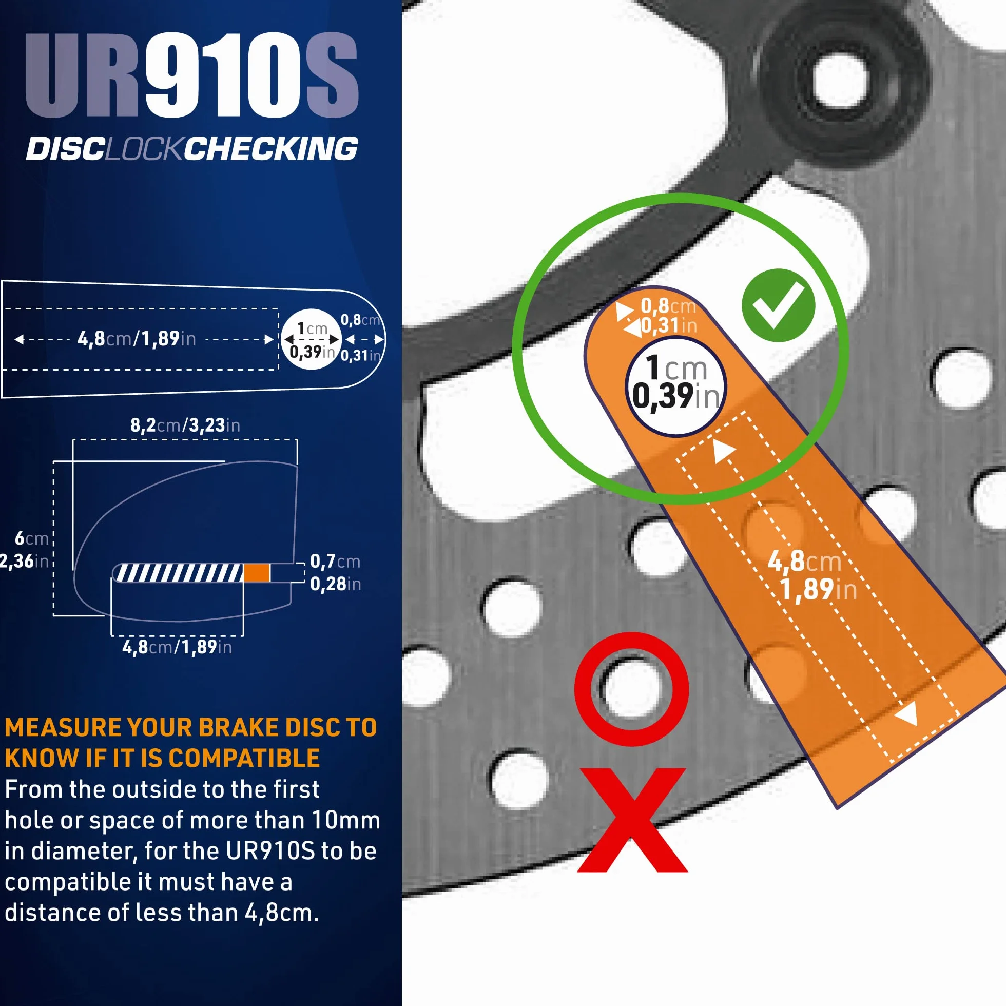 Urban UR910S Blokada Dysku z Alarmem 120 dB Podwójny Zamek 10 mm Homologowany SRA