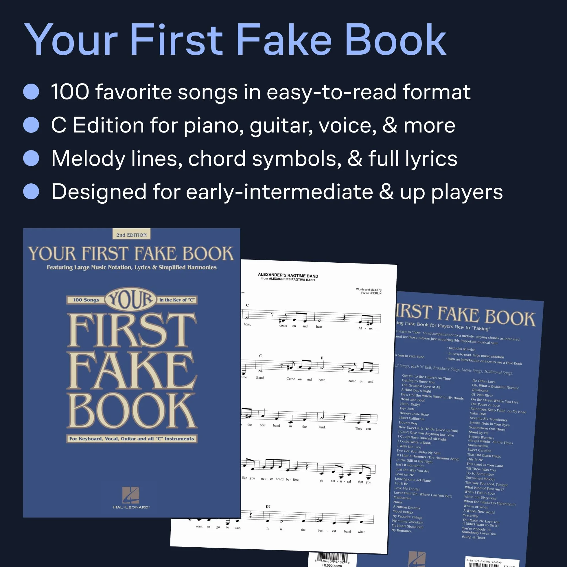 Your First Fake Book - C Edition Beginner Piano Songbook with Large Notation Simplified Chords a: Featuring Large Music Notation, Lyrics, & Simplified Harmonies C Edition