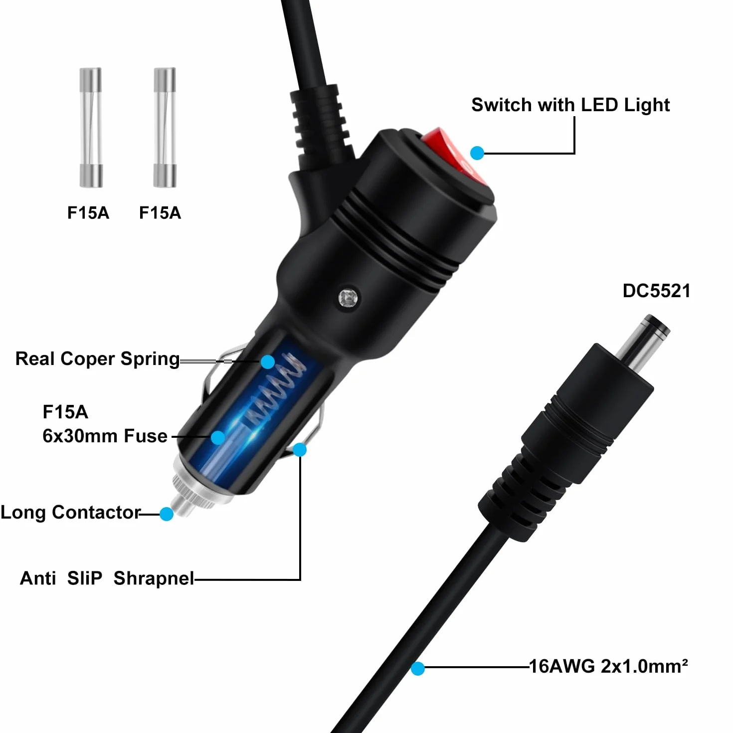 Ładowarka samochodowa DC 5,5 x 2,1 mm 12V 16AWG 15A z przełącznikiem 2 m