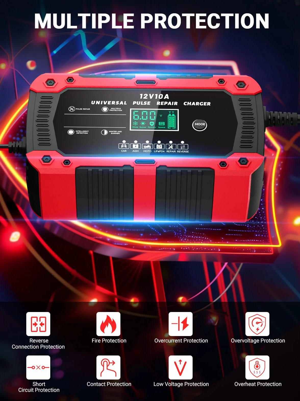 Ładowarka Akumulatorowa 12V 10A LiFePO4, Inteligentna Prostownik Samochodowy do Auta i Motocykla z Trybem Naprawy, Wyświetlacz LCD, do AGM GEL SLA WET LiFePO4