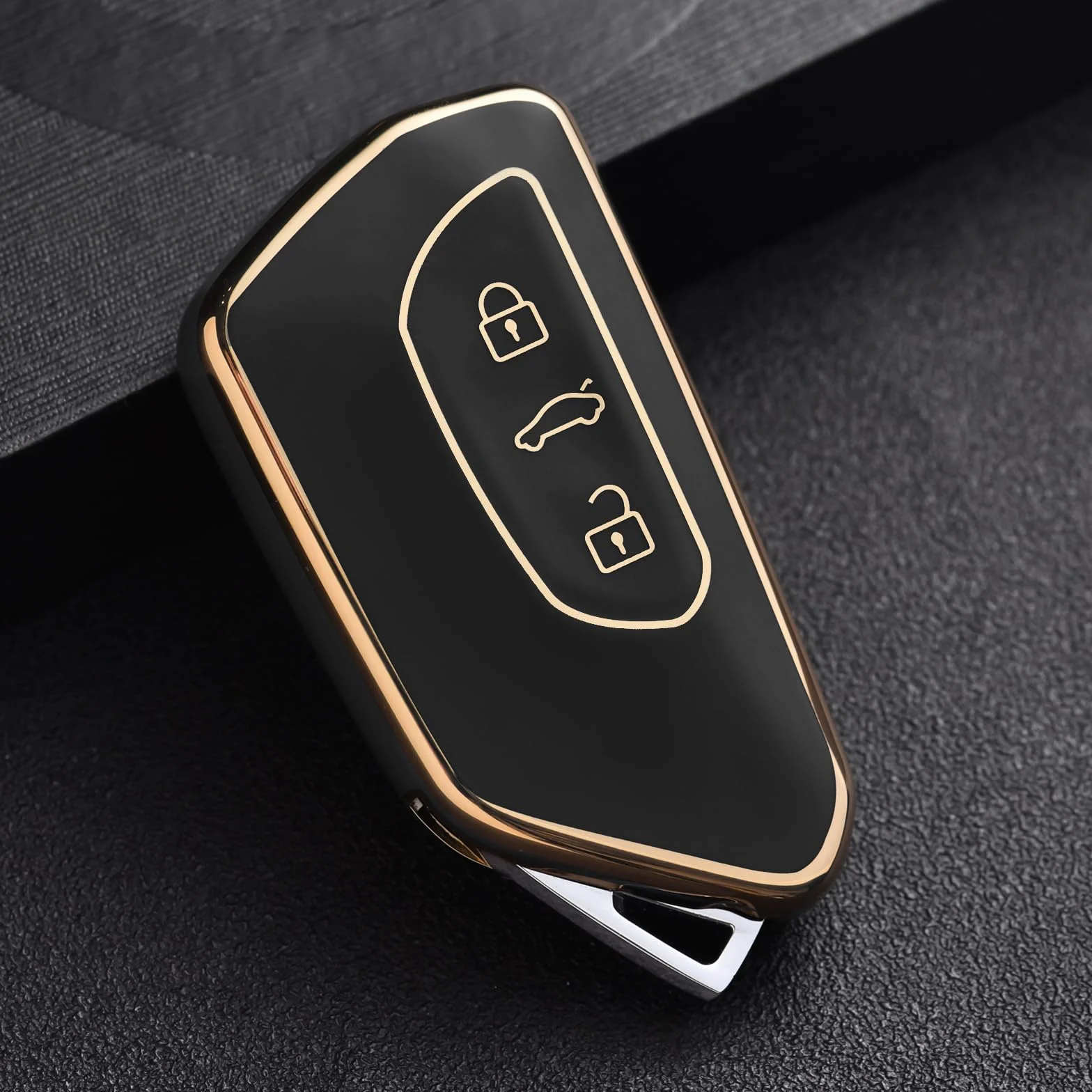 OATSBASF Etui na kluczyki samochodowe do VW, TPU silikonowe etui na klucze, kompatybilne z Golf 8, ID3, ID4, GTI, GTE, Seat Leon MK4, Tarraco, Ateca i Skoda Octavia (złote obramowanie, czarne)
