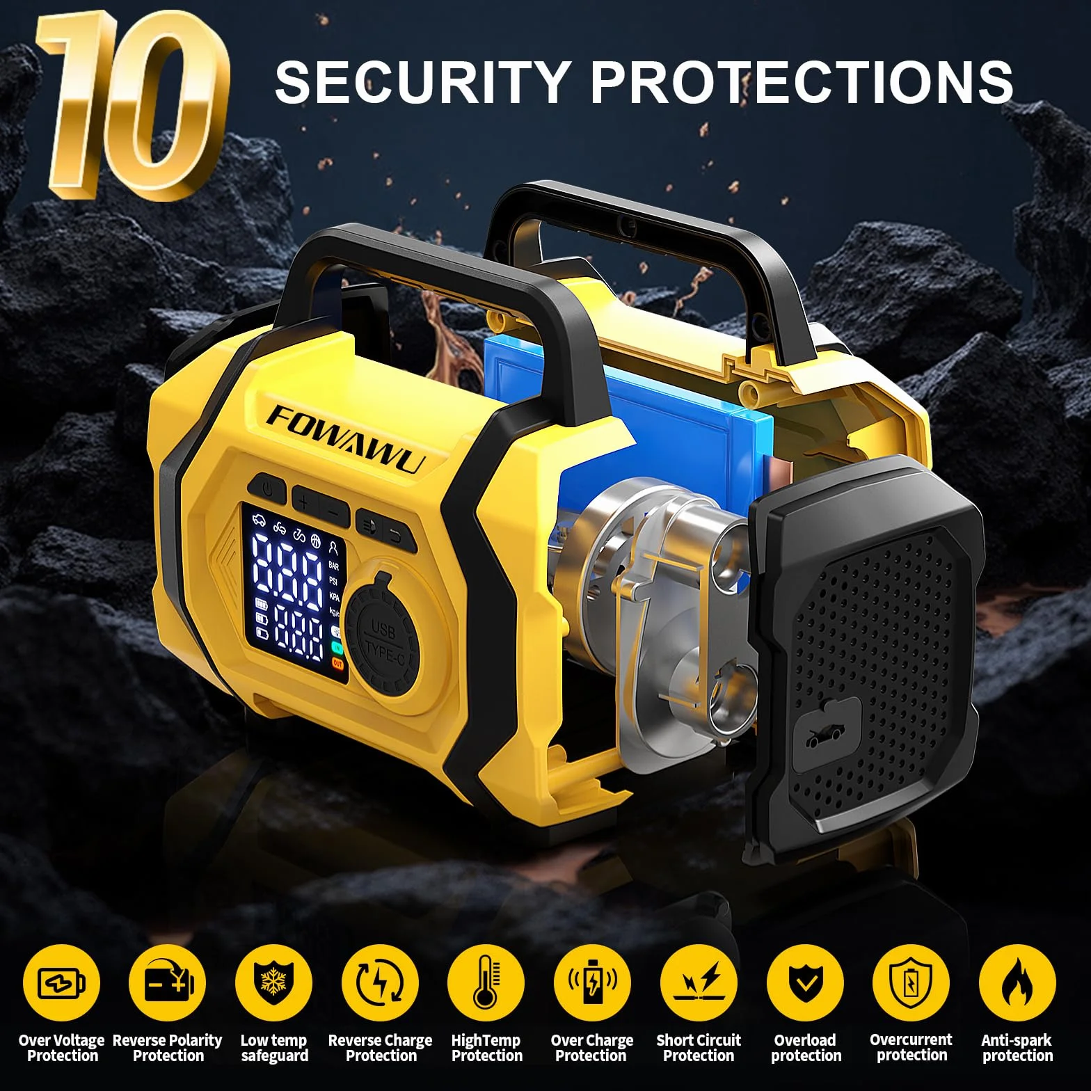 The FOWAWU 8000 A Powerbank combines the functions of an air compressor and a car jump starter, capable of reaching pressures of up to 150 PSI