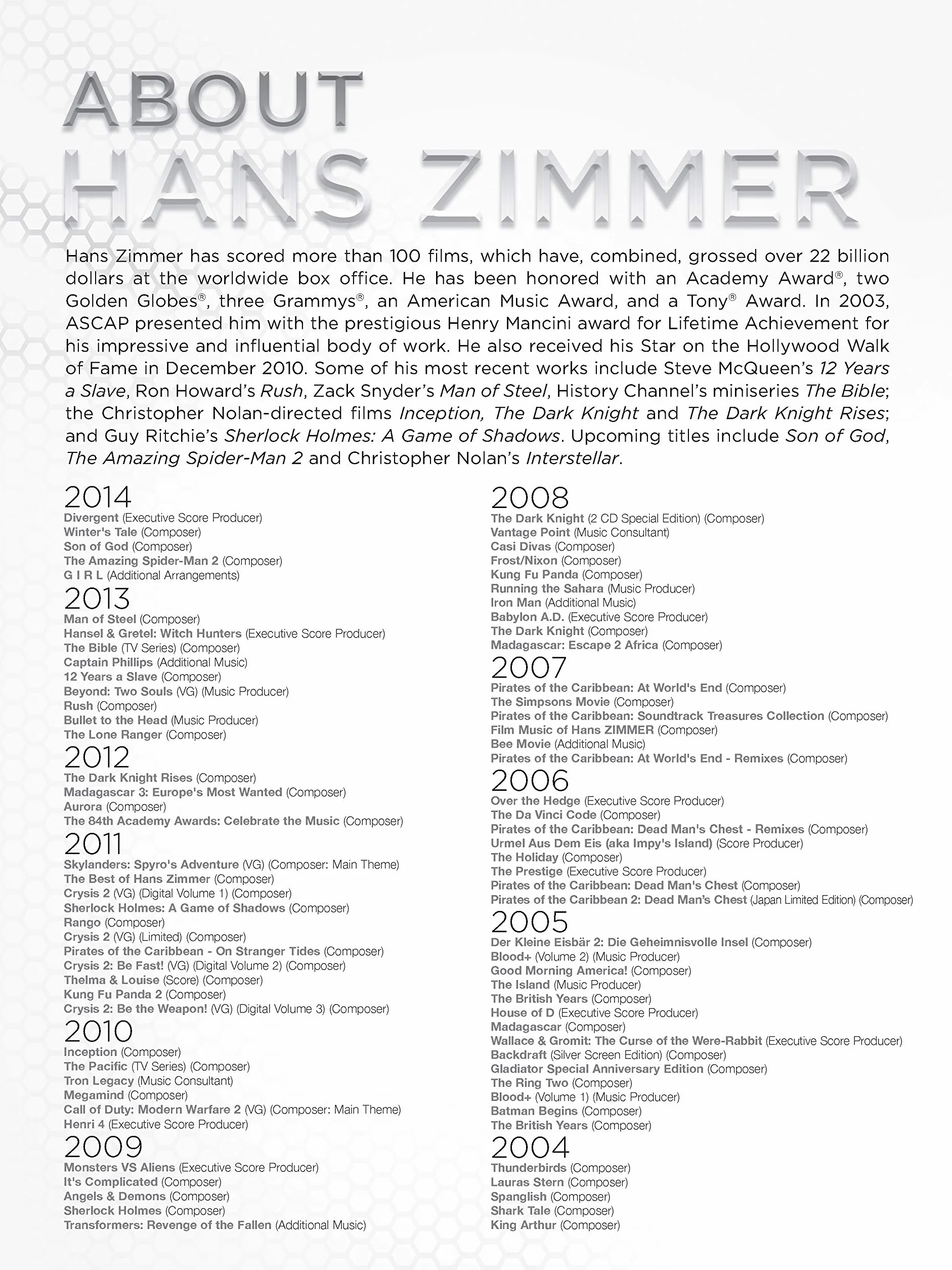 HANS ZIMMER COLLECTION - 29 FAITHFUL ARRANGEMENTS FOR PIANO SOLO AND PIANO, VOCAL AND GUITAR