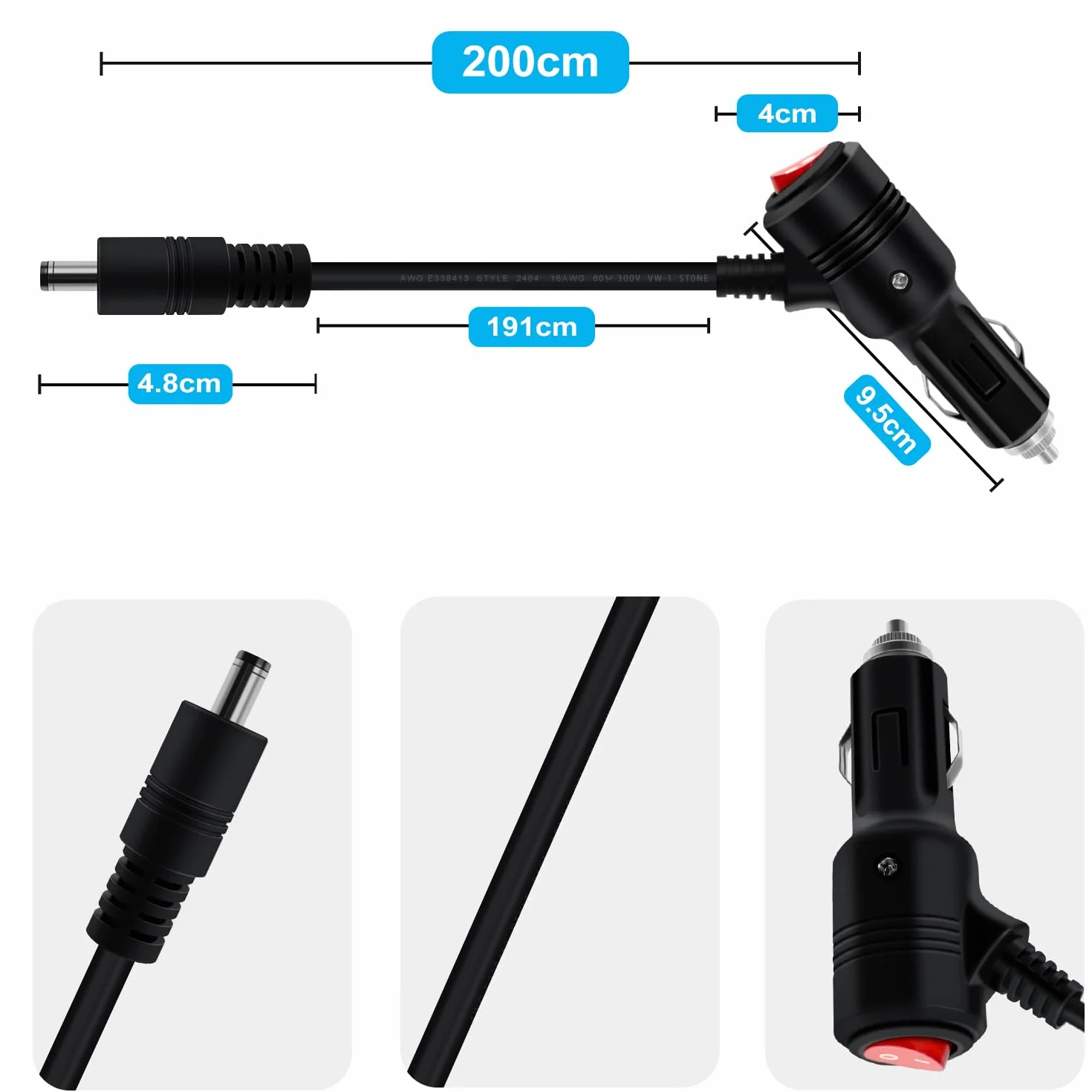 Ładowarka samochodowa DC 5,5 x 2,1 mm 12V 16AWG 15A z przełącznikiem 2 m