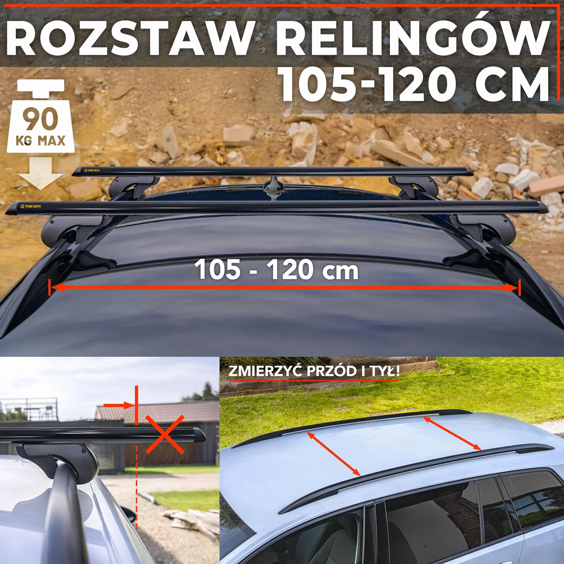 CHAOS RACKS | Uniwersalny Bagażnik Dachowy do Relingów Otwartych; Belki Dachowe; Bezpiecznie Przewieź Boks Dachowy, Bagażnik Rowerowy, Drabinę; Lekka i Wytrzymała Konstrukcja z Aluminium; 120 cm