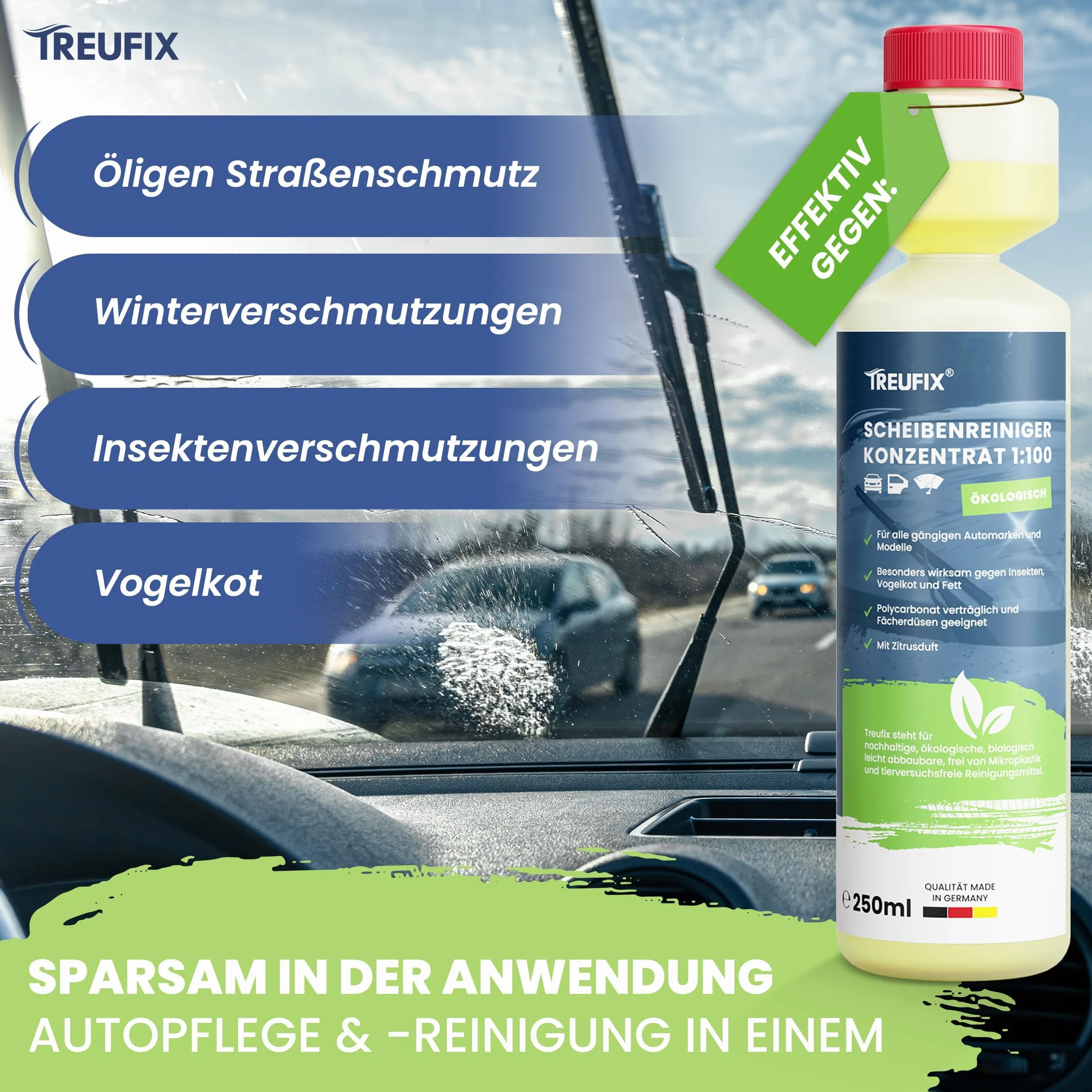 Treufix Koncentrat płynu do spryskiwaczy 250ml Premium środek do czyszczenia szyb samochodowych do wszystkich systemów spryskiwaczy szyb i systemów czyszczenia reflektorów dla maksymalnej widoczności