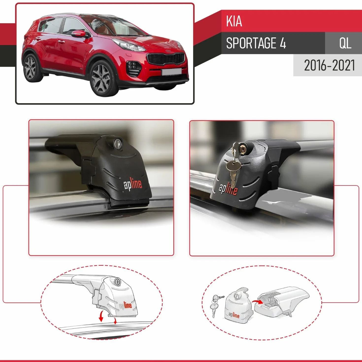 Kompatybilny z Kia Sportage 4 (QL) 2016-2021 ACE-2 Model Aluminiowe poprzeczki dachowe Szary 2 szt.