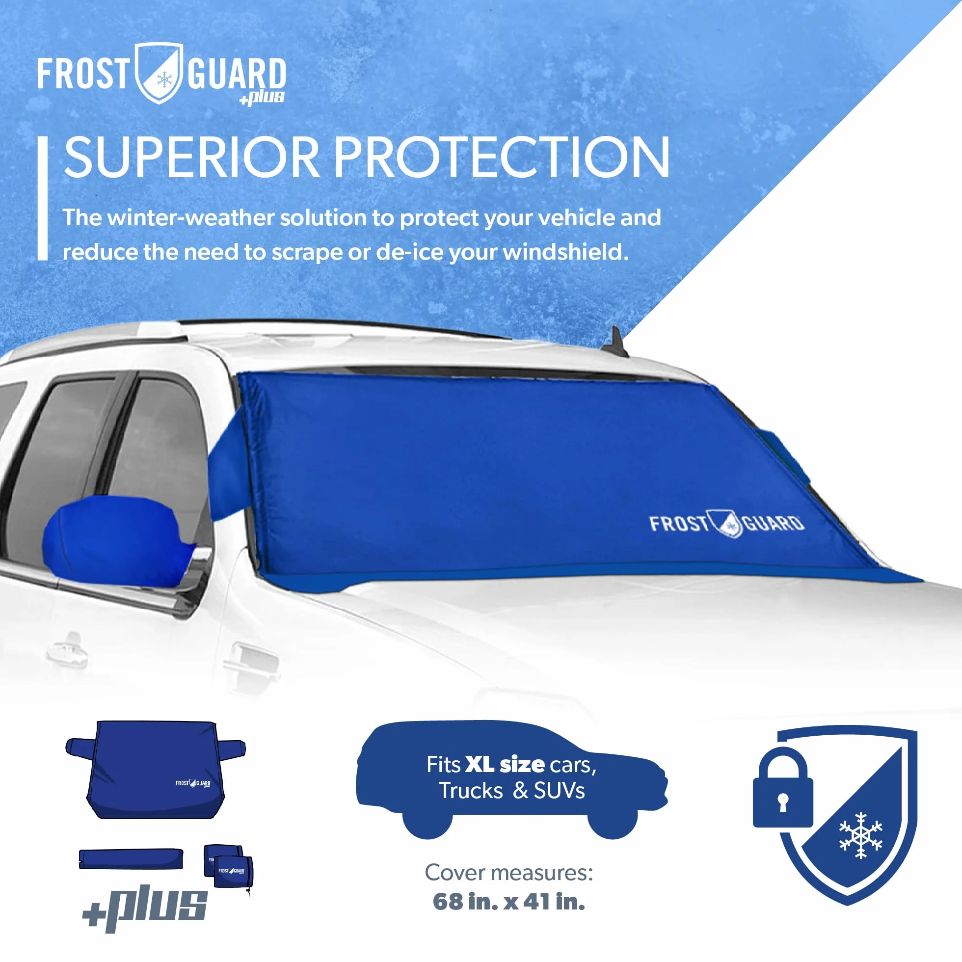 FrostGuard Plus zimowa osłona przedniej szyby XL indygo zintegrowany panel bezpieczeństwa osłona pióra wycieraczki osłony lusterka