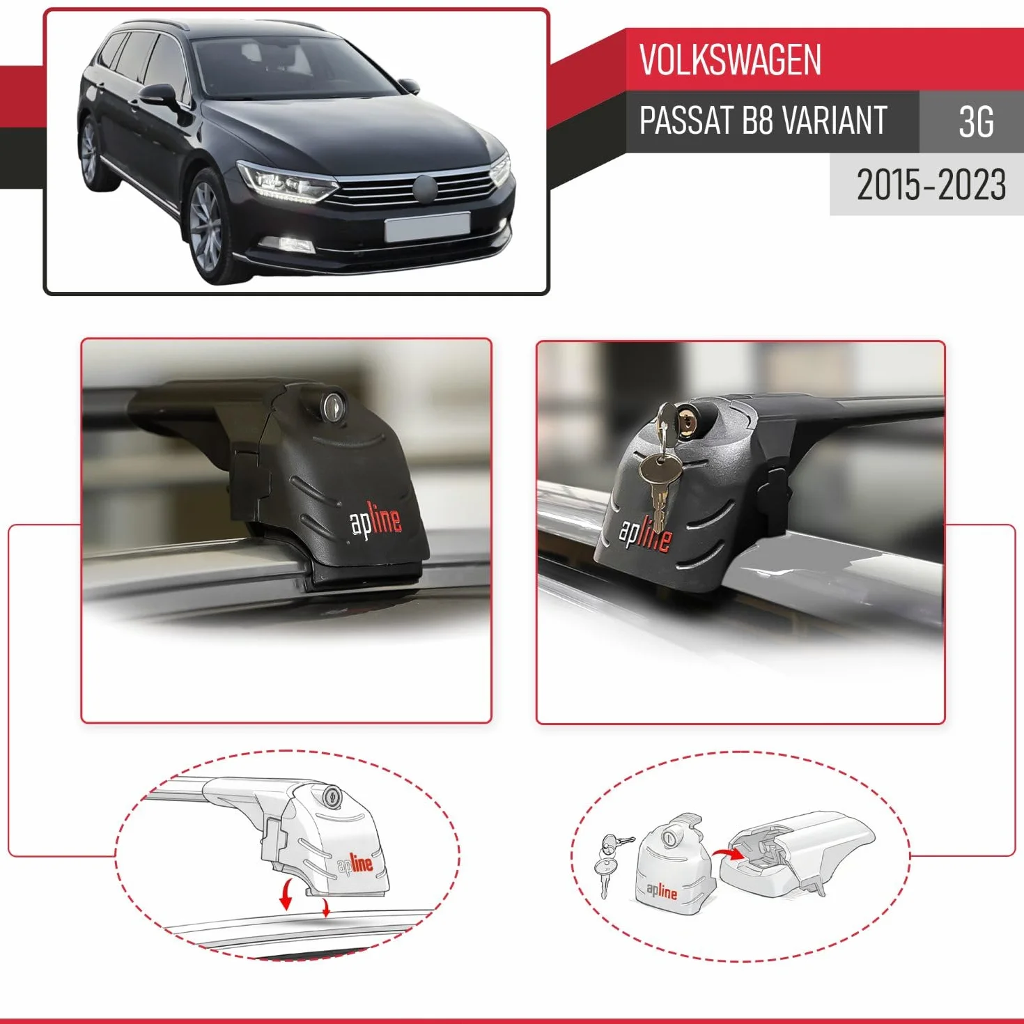 ACE-2 Aluminiowy bagażnik dachowy do Volkswagen Passat B8 (3G) Variant 2015-2023 2 poprzeczki czarne