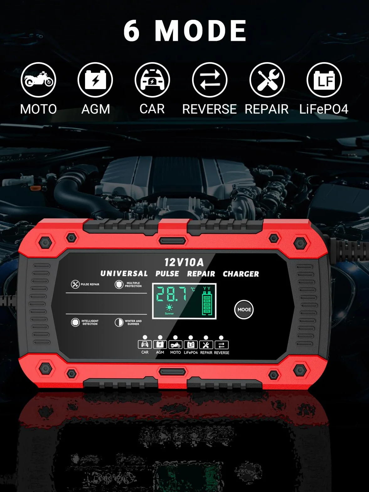 Ładowarka Akumulatorowa 12V 10A LiFePO4, Inteligentna Prostownik Samochodowy do Auta i Motocykla z Trybem Naprawy, Wyświetlacz LCD, do AGM GEL SLA WET LiFePO4