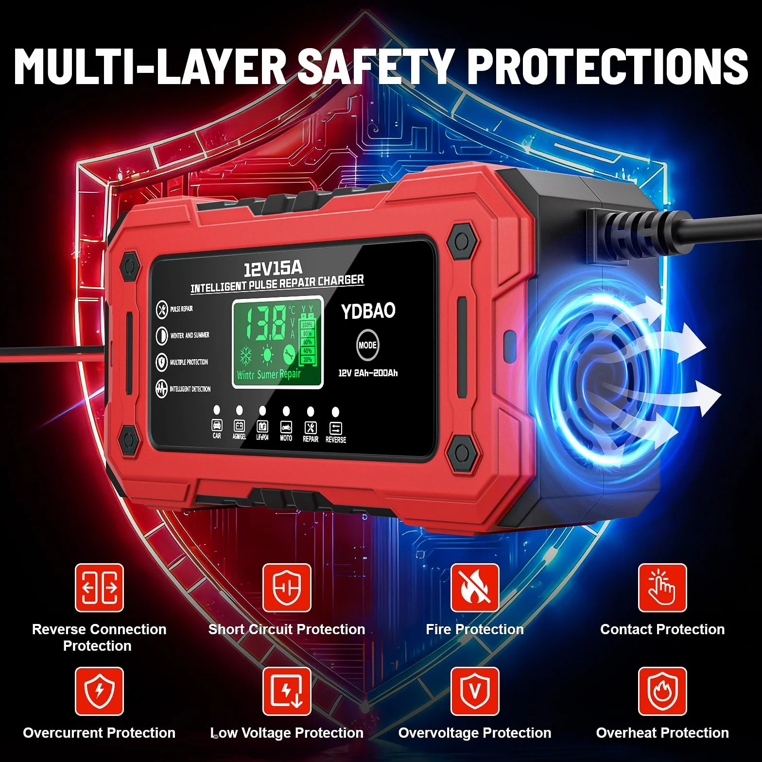 YDBAO Prostownik Samochodowy 15A 12V LiFePO4, Inteligentna Ładowarka do Akumulatorów Auto i Moto z Wyświetlaczem LCD, Tryb Naprawy, Zabezpieczenia do AGM GEL EFB SLA WET LiFePO4