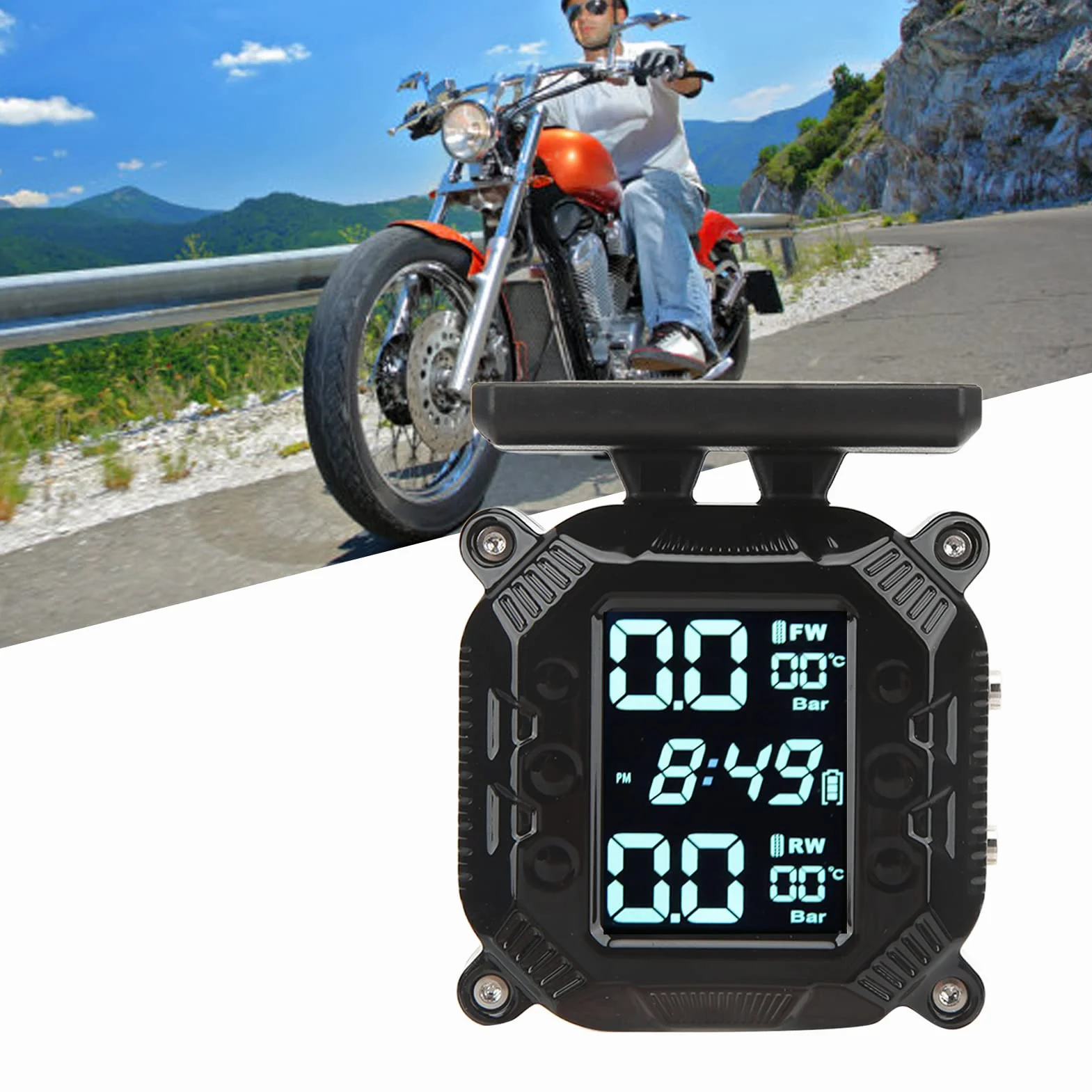 Motocykl TPMS Bezprzewodowy System Monitorowania Ciśnienia w Oponach Solar Power z Wyświetlaczem 2 Czujniki Zewnętrzne