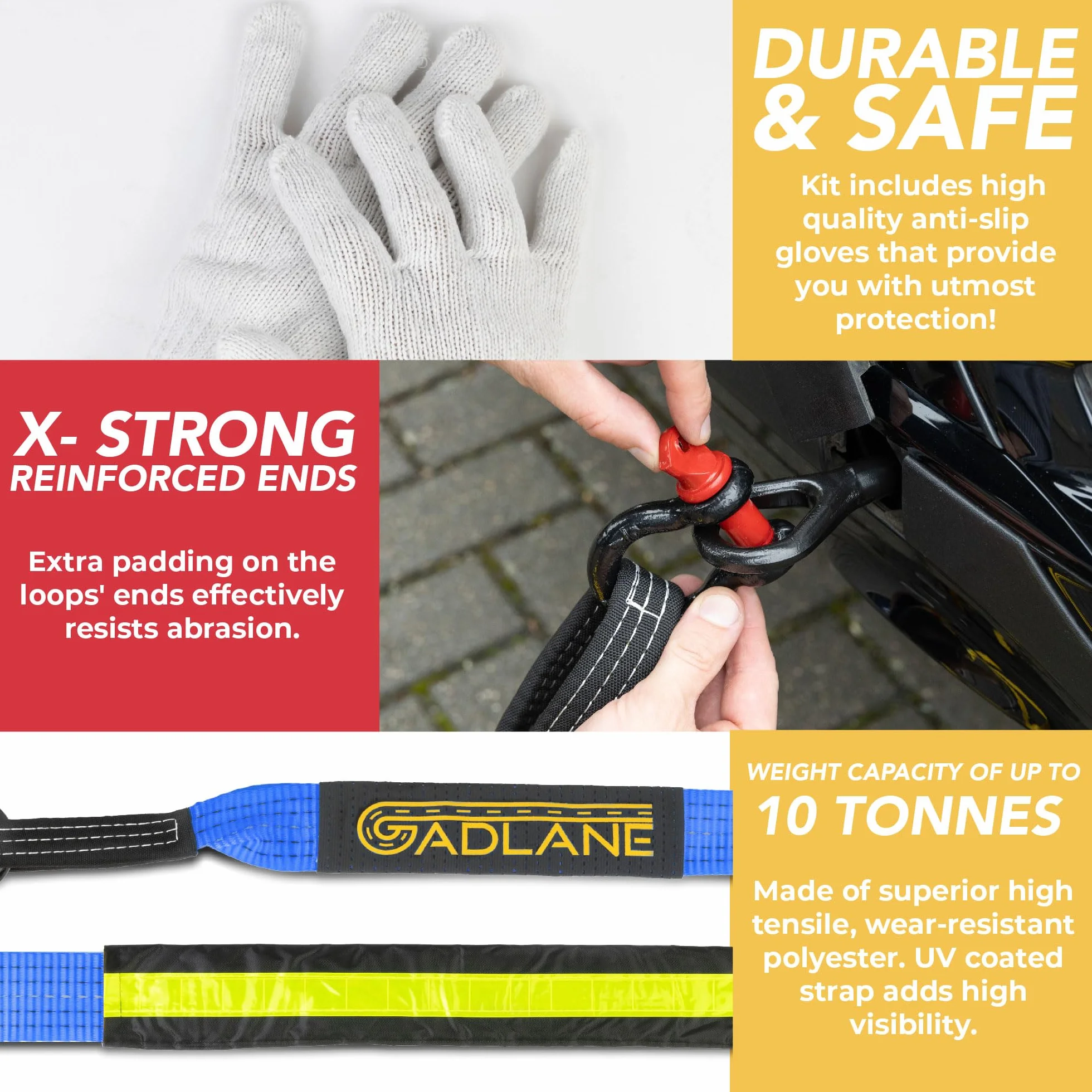 GADLANE Hi Vis Lina Holownicza - 5m x 5cm Gruba, pojemność 10 ton (22,000 funtów), odporna na zużycie poliester z wzmocnionymi końcówkami, pokryta UV lina holownicza, wysokiej jakości okucia na D-ring