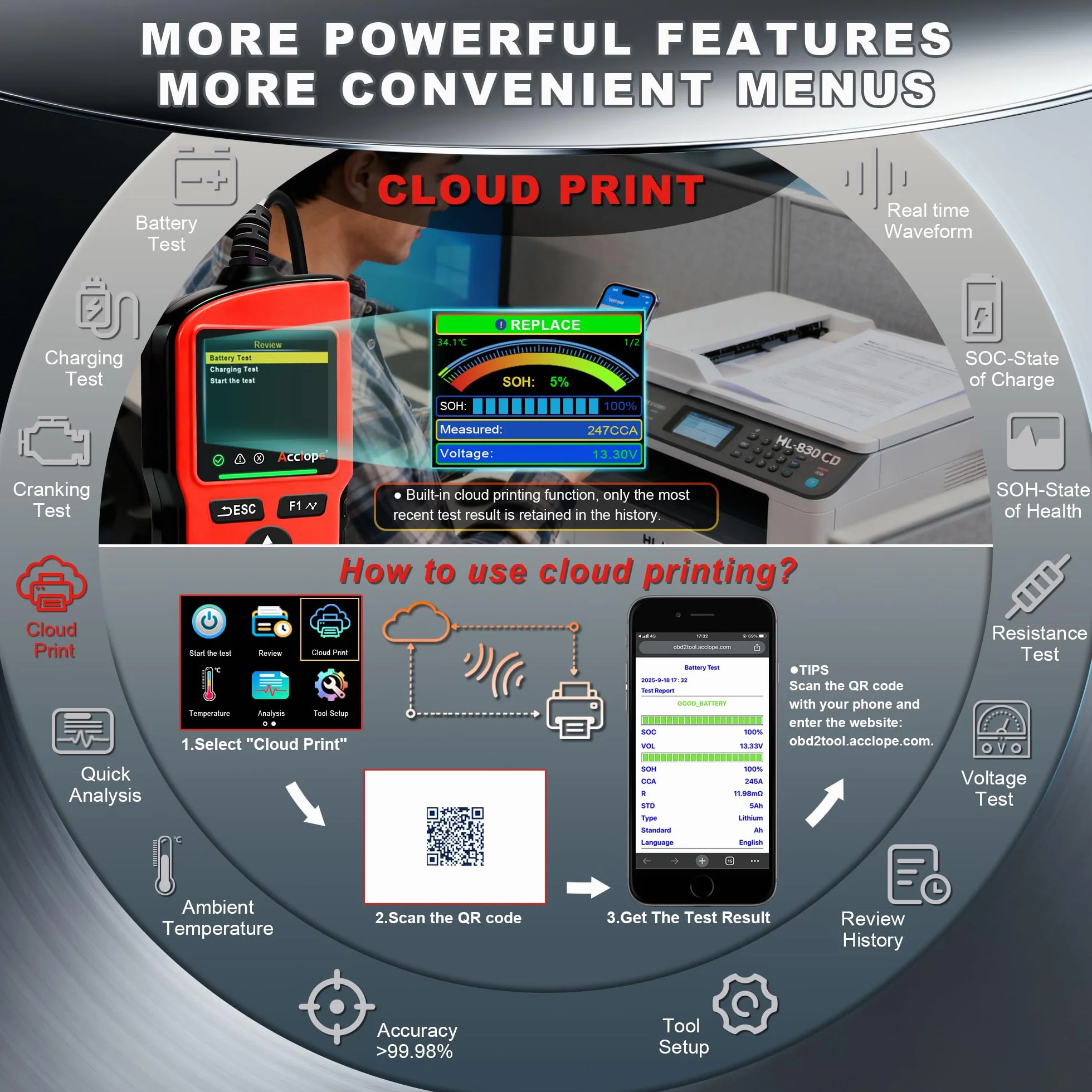 BT90 PRO tester baterii, 6 V/12 V/24 V, do AGM/EFB/GEL/LiFePO4, 2-360 Ah, 30-3800 CCA, z nadrukiem w chmurze, test systemu start-stop, czarny, SAE/EN/IEC/CA/MCA, SOH/SOC/napięcie/rezystancja