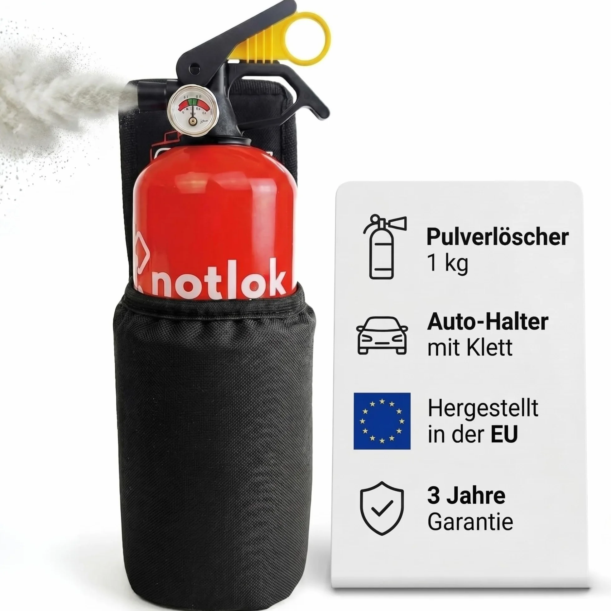 Gaśnica proszkowa 1 kg ABC + do urządzeń elektrycznych < 1000 V | + uchwyt samochodowy z rzepem | 3 lata gwarancji | Mała gaśnica ciśnieniowa idealna do domu, kuchni lub samochodu