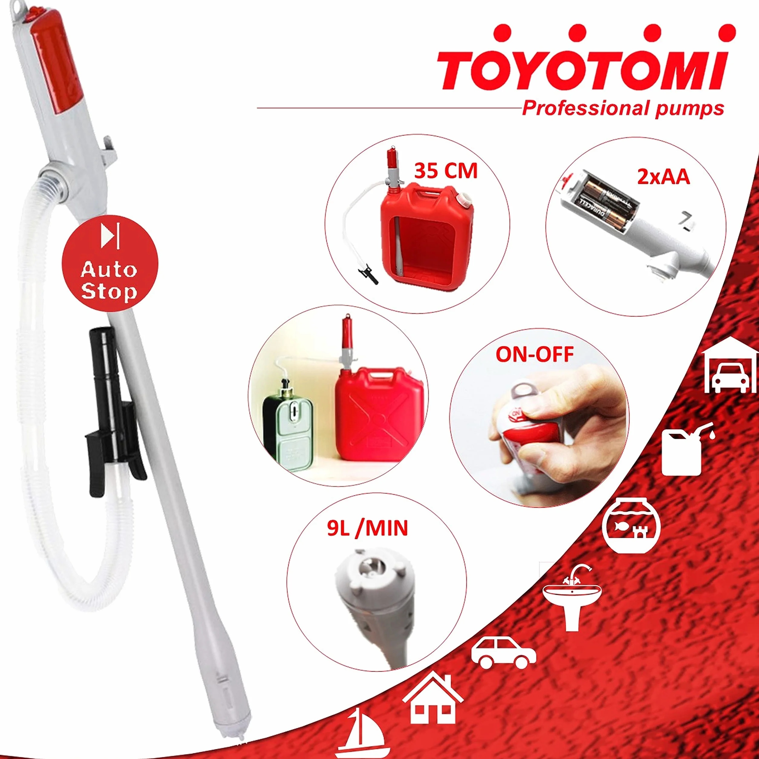 Toyotomi 247614 wysokiej jakości profesjonalna pompa akumulatorowa z automatyczną blokadą, odpowiednia do przelewania płynów, benzyny, węglowodorów, bioetanolu, biała