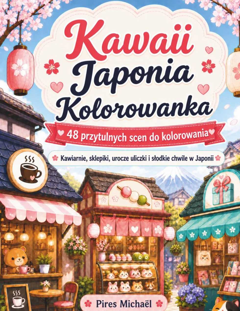 Kawaii Japonia Kolorowanka: 48 przytulnych scen do kolorowania, Kawiarnie, sklepiki, urocze uliczki i słodkie chwile w Japonii