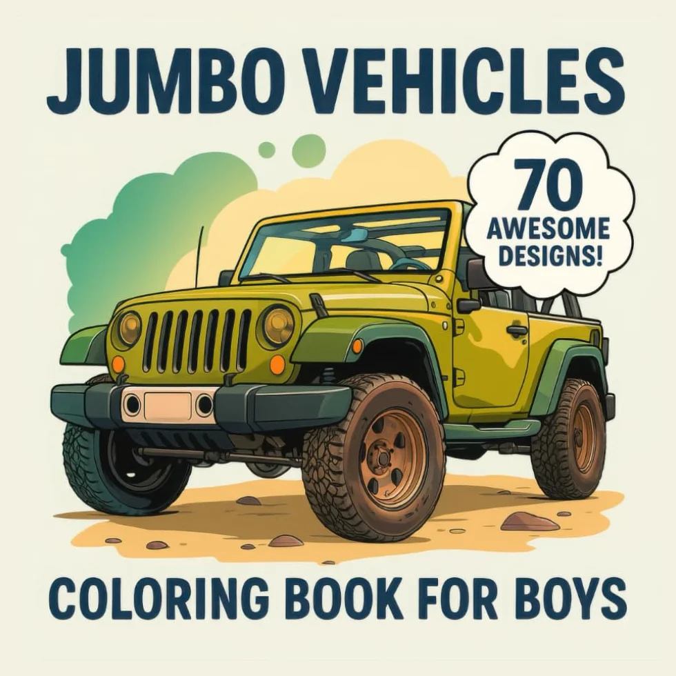 Jumbo Vehicles Coloring Book for Boys - 70 Awesome Designs: Cool Cars, Trucks, Construction Vehicles, and Adventure Machines for Kids Ages 7-12