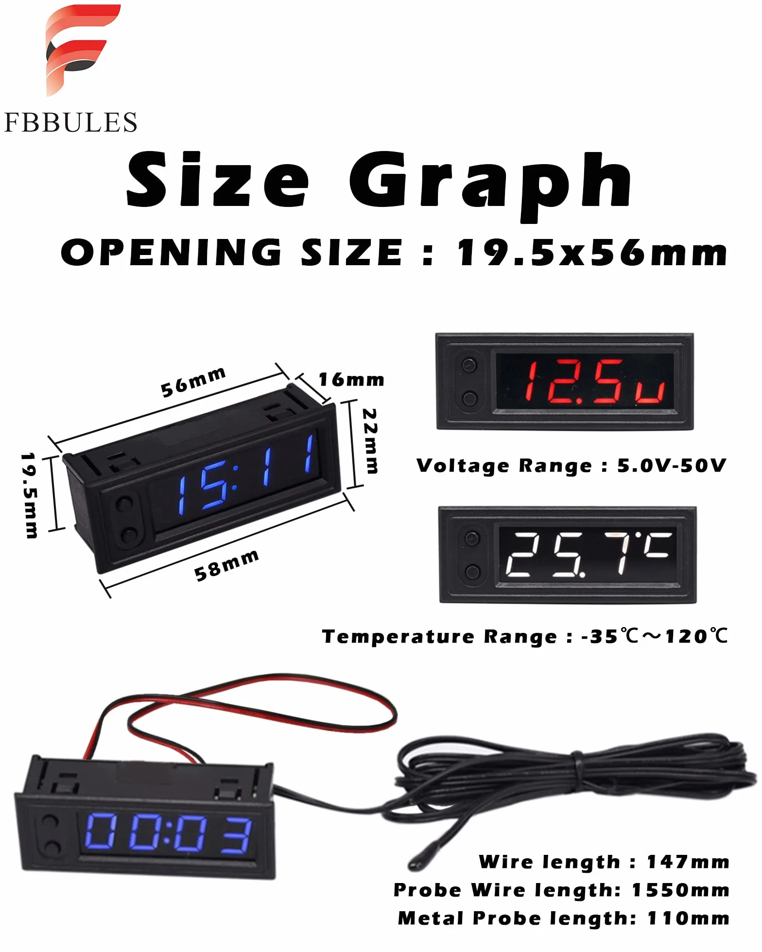 0.39” LED Samochód Temperatury Zegar DC 5-50V 3 w 1 Termometr Woltomierz Elektroniczny Zegar Zmierzenie Instrumenty Wyświetlacz dla SUV, Motocyklowy, Łódź