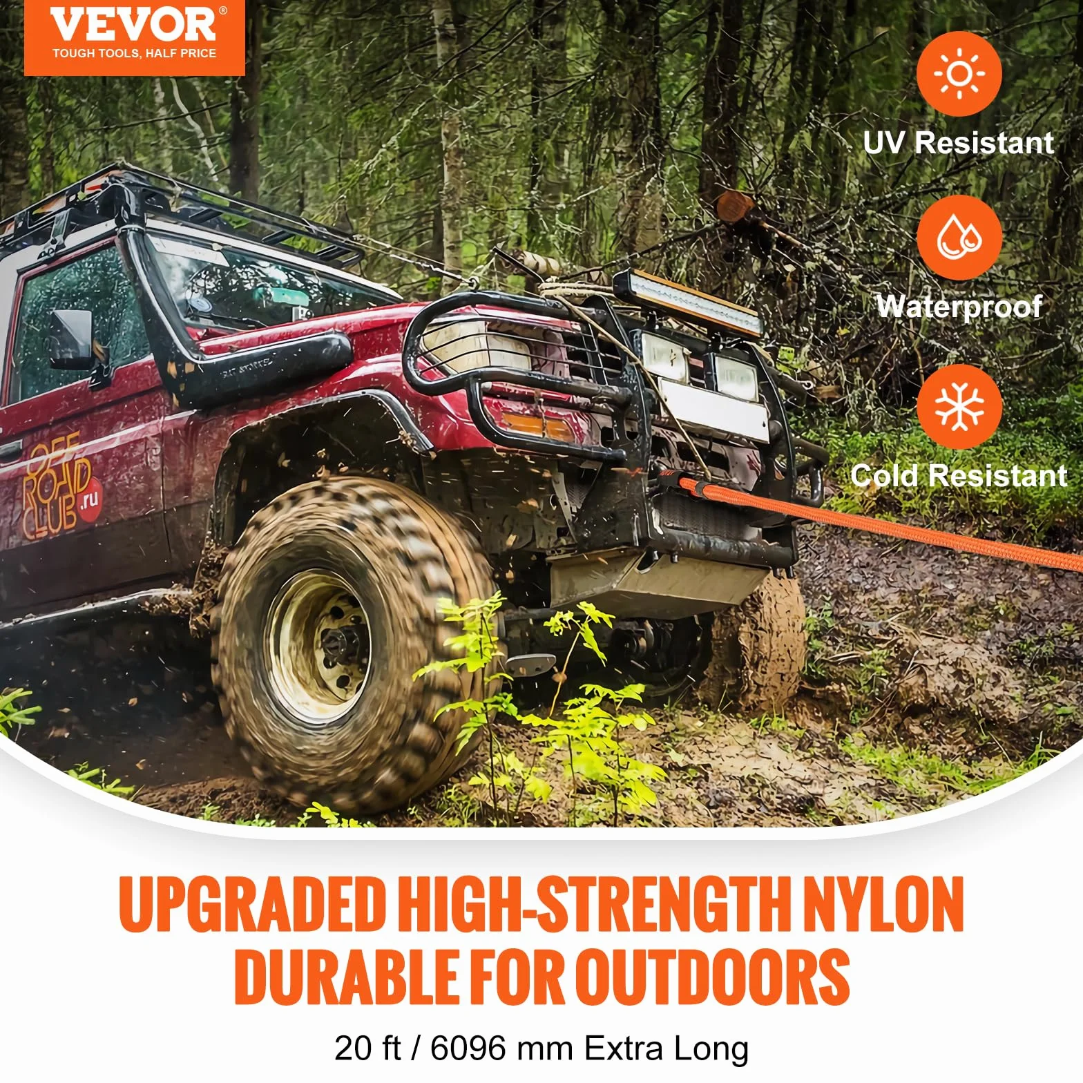 VEVOR Lina holownicza kinetyczna 7/20.3 cm x 20' 13,9 kg, ekstremalna siła 30% elastyczność do jeepa, samochodu, ciężarówki, ATV, UTV, SUV-a
