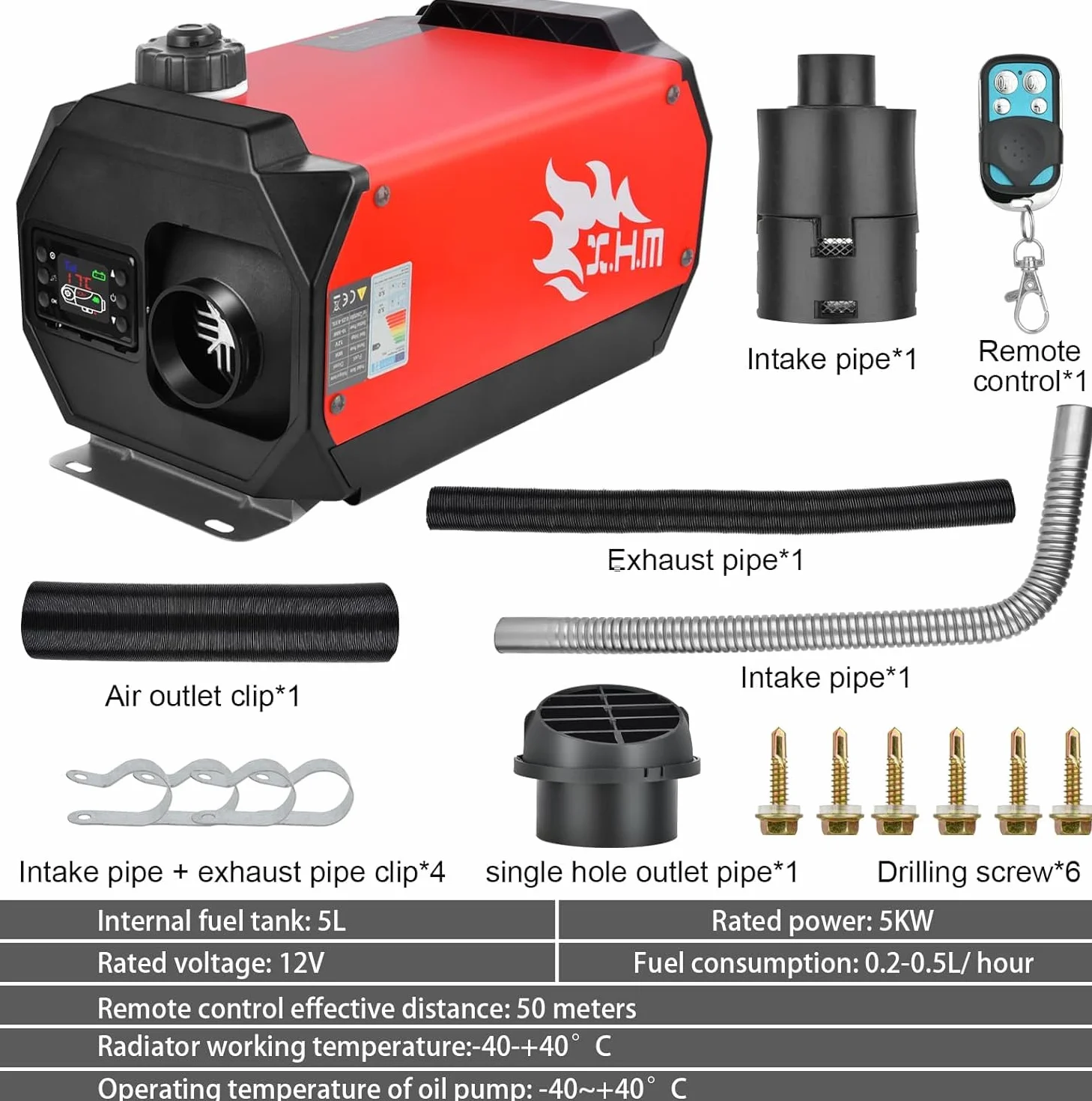 SHAVINGFUN Ogrzewanie powietrzem na olej napędowy 12 V 5KW, aluminium, LCD, pilot zdalnego sterowania, cichy, do samochodów kempingowych i szop na łodziach (02)