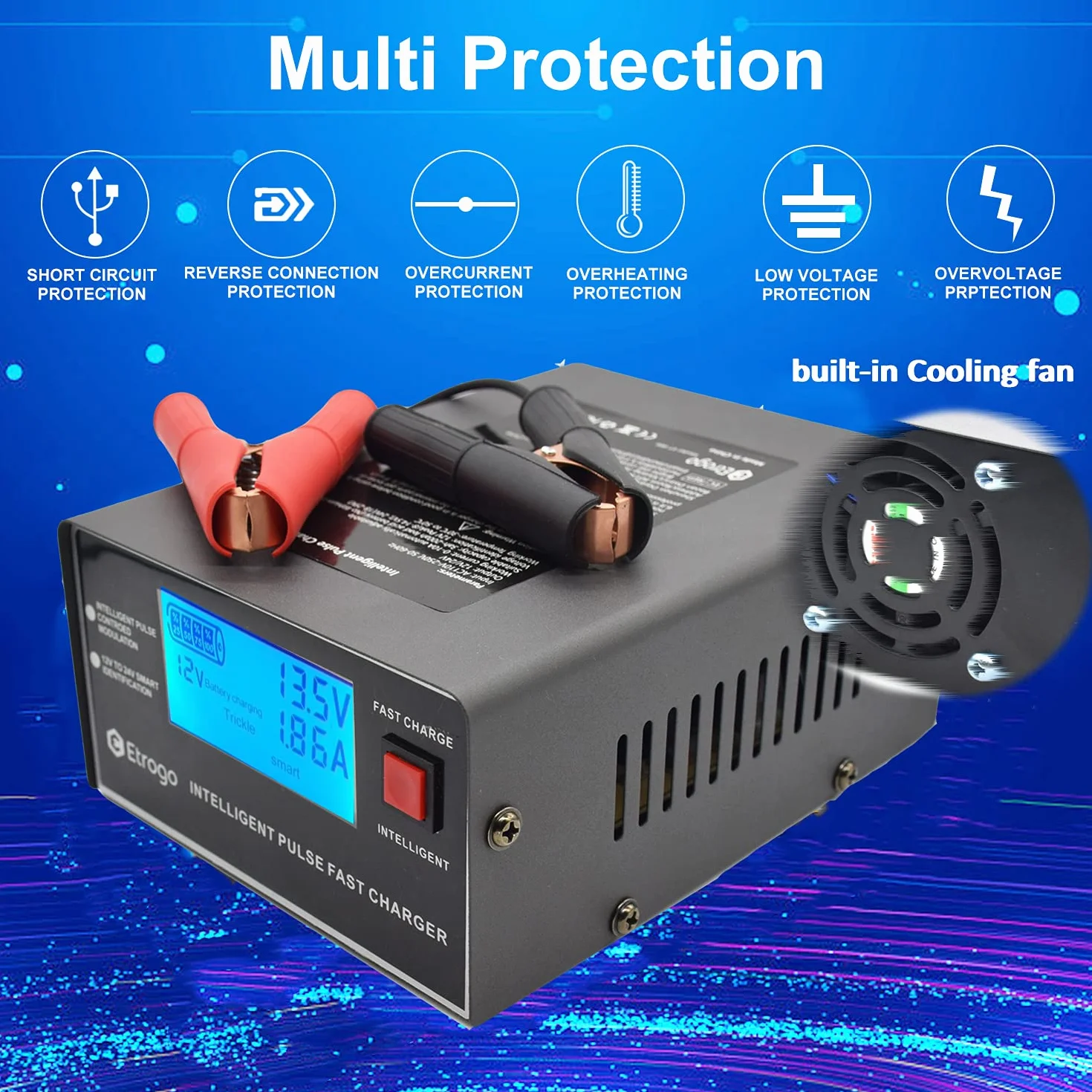 Etrogo Ładowarka do akumulatorów samochodowych 12 V/24 V 250 W 10 A Inteligentne ładowanie impulsowe z automatyczną rozpoznawaniem Funkcja naprawy i konserwacji Czarny