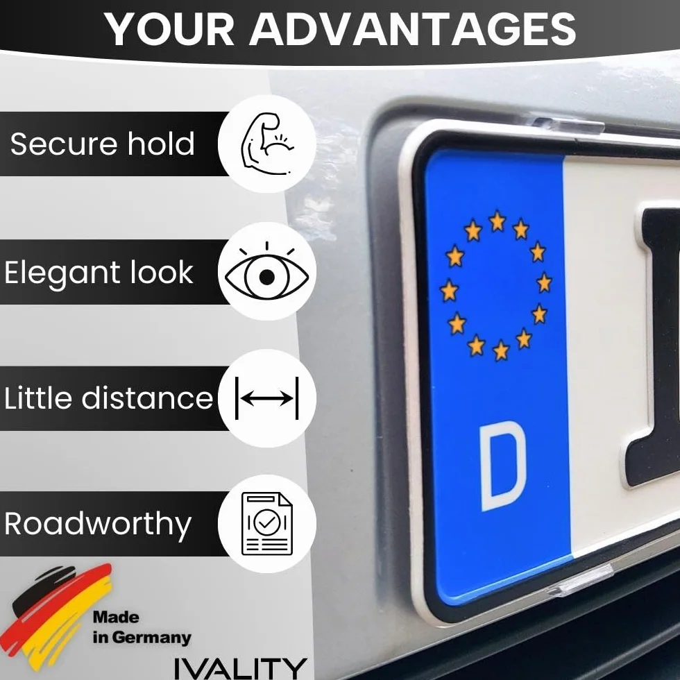 IVALITY® Uchwyt tablicy rejestracyjnej, bez ramy, do 2 x niemieckich tablic rejestracyjnych, uniwersalny uchwyt tablicy rejestracyjnej, 100% legalny i wyprodukowany w Niemczech