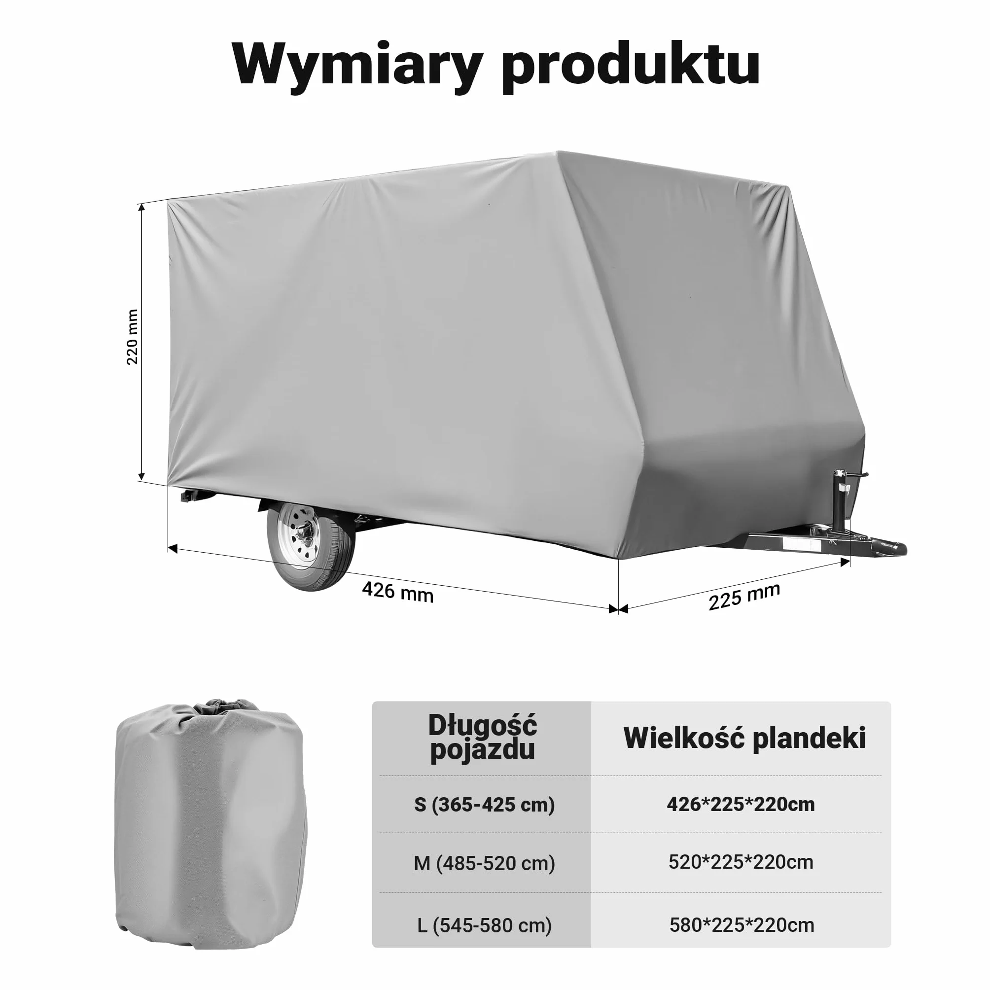 Osłona ochronna na przyczepę kempingową rozmiar S 426x225x220cm pokrowiec na przyczepę kempingową
