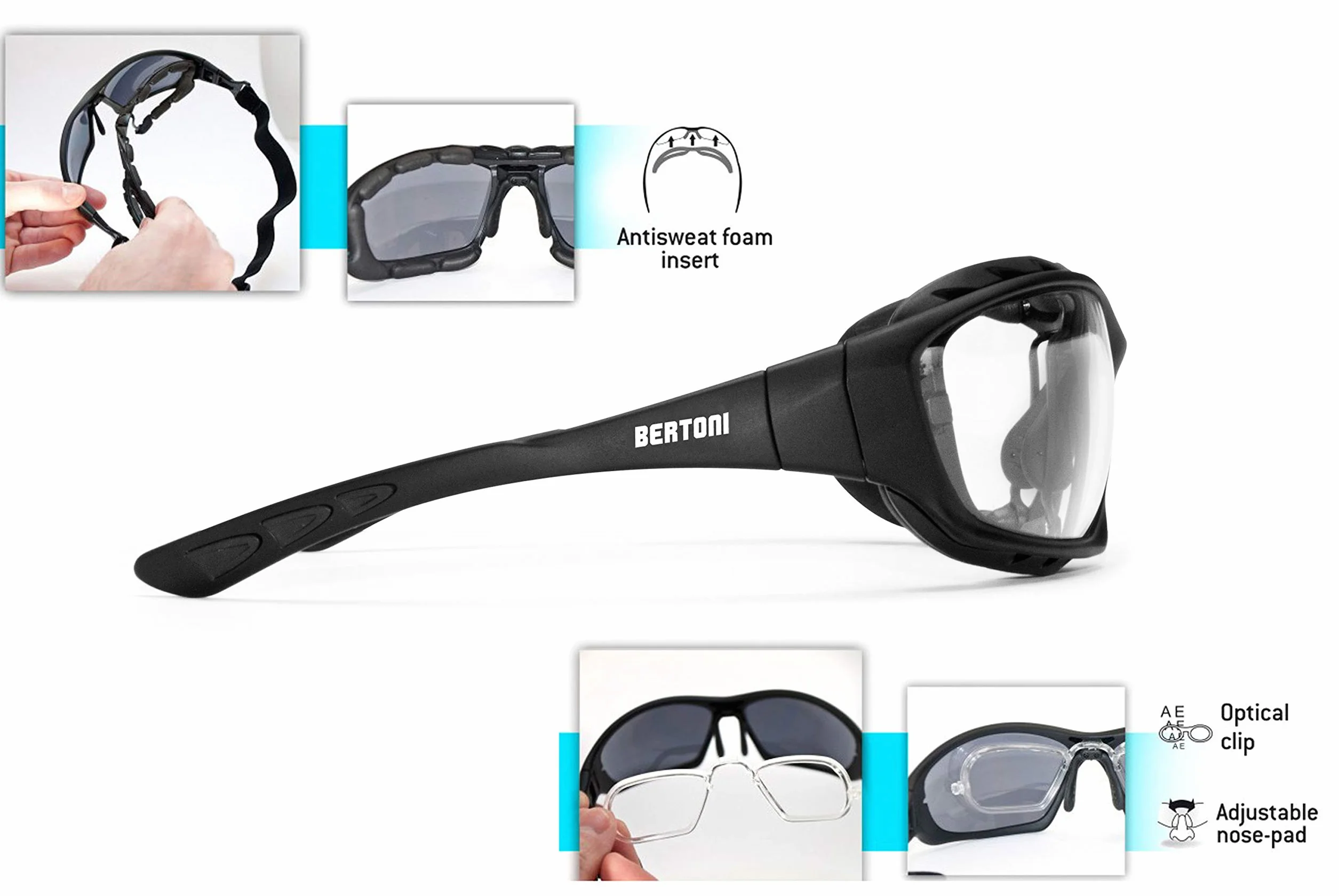 BERTONI Okulary motocyklowe fotochromowe ze zdejmowanym klipsem do soczewek optycznych - regulowany nosek - gogle motocyklowe 366
