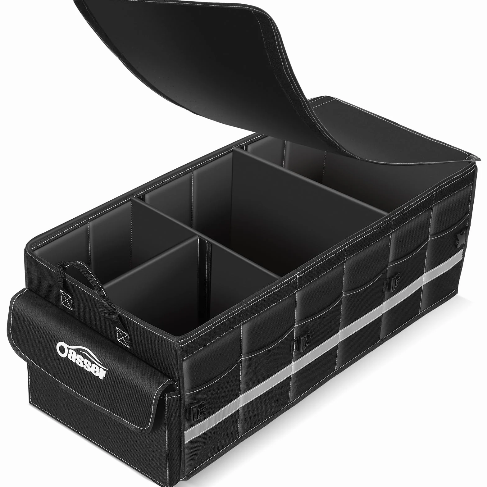 Oasser Organizer do bagażnika składany 75L z miękką pokrywą 4 przegrody organizer samochodowy ładowność 30kg uniwersalny bardzo duży czarny